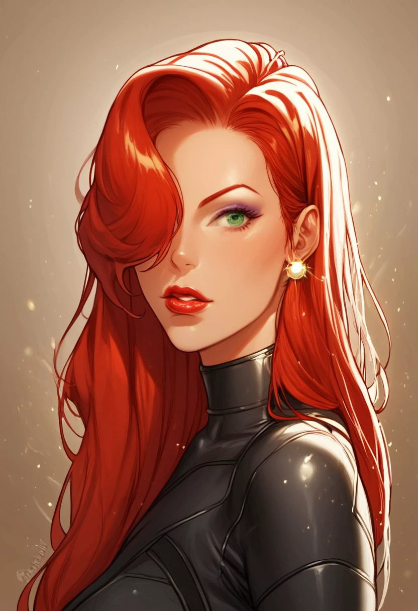 score_9, score_8_up, score_8, rating_explicit,naturalism, hyperrealistic, looking at viewer, masterpiece, solo, upper body focus,score_7_up, close-up,solo, solo, tall, supervillain, skitter black bodysuit, long hair, fully clothed, dynamic pose, Jessica Rabbit, 1girl, red hair, long straight hair, hair over one eye, green eyes, lipstick, makeup,