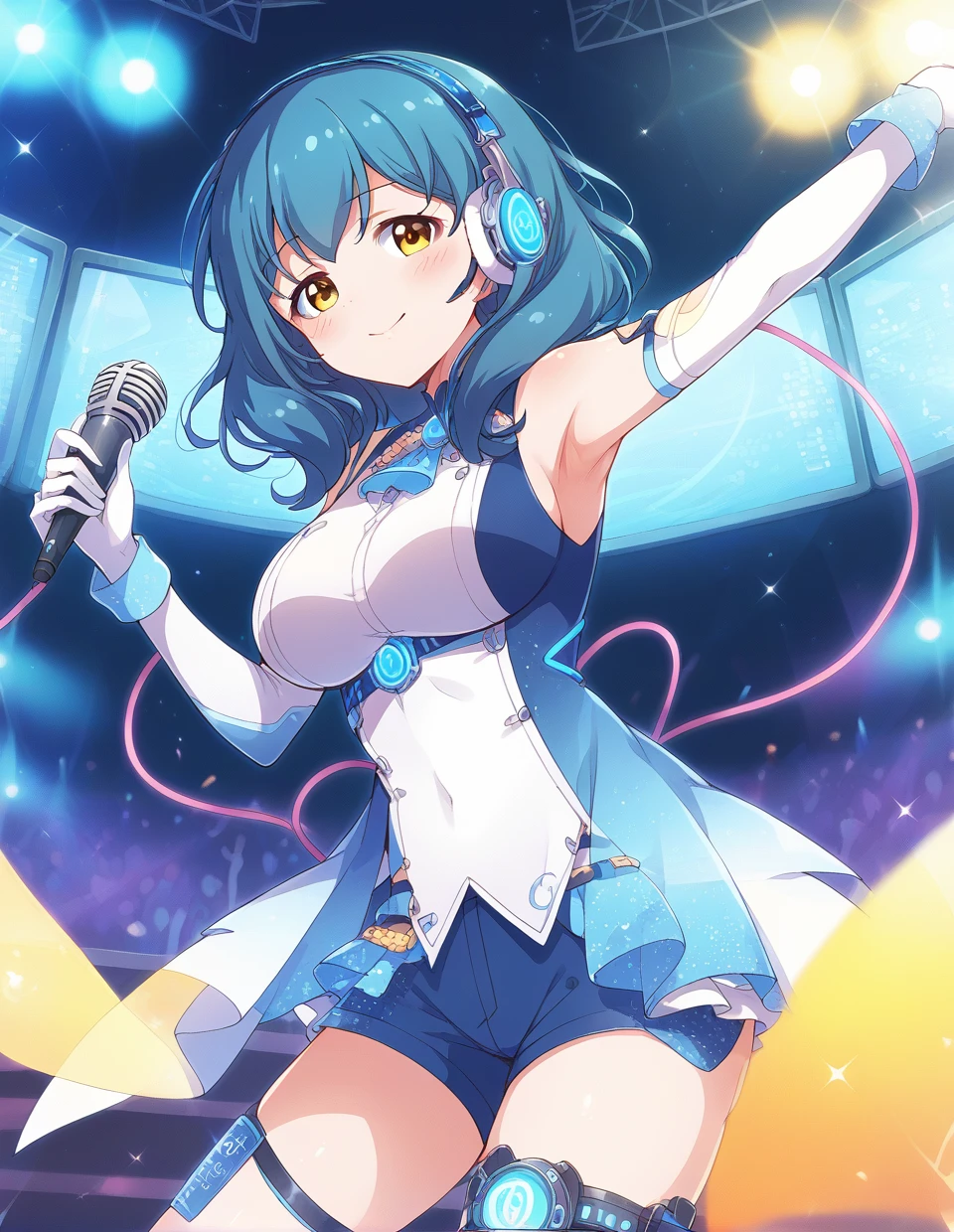 score_9,score_8_up,score_7_up,score_6_up,score_5_up,score_4_up,
1girl,<lora:batogashiho_pony:1>,batogashiho,eyebrows visible through hair,looking at viewer,bangs,short hair,hair between eyes,medium hair,blue hair,large breasts,medium breasts,yellow eyes,
outstretched hand,detached sleeves,headphones,holographic interface,stage lights,concert,sleeveless,standing,screen,(audience:1.3),closed mouth,holographic monitor,idol clothes,border,elbow gloves,breasts,looking at viewer,;),idol,blue shorts,glowstick,hair ornament,stage,blush,outstretched arm,white gloves,armpits,long hair,aqua hair,microphone,five fingers,