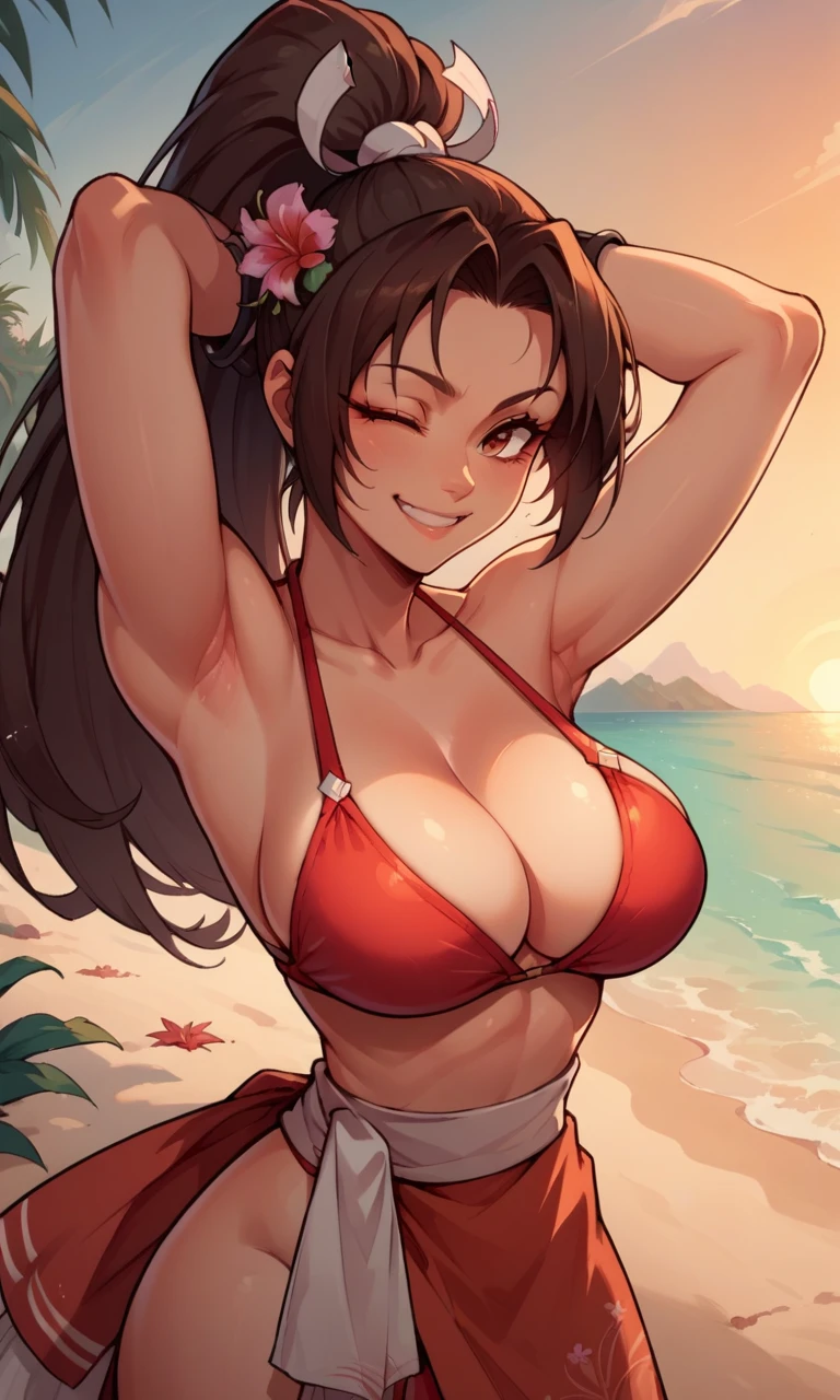 score_9, score_8_up, score_7_up, score_6_up, source_anime, BREAK masterpiece PonyShiranui, high ponytail, beach, arms behind head, upper body, red bikini, hair flower, cleavage, pink sarong, one eye closed, smile, sunset, bracelet,  large breasts