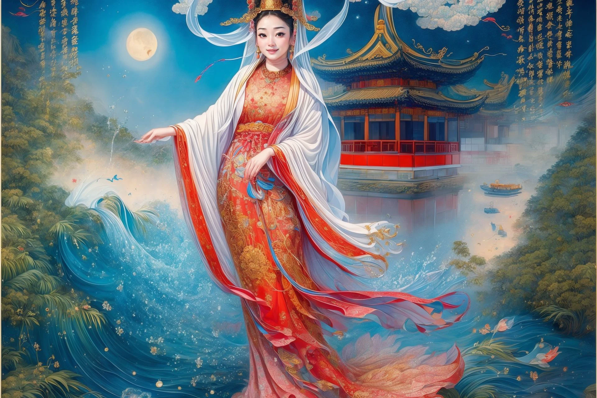 ((best quality)), ((masterpiece)), (detailed) ,
((guanyin,1girl),water,traditional media,jewelry, moon,flowers),
(xinjin ,chinese text, text focus,wall of text),
jile, east asian architecture,architecture,
<lora:add_detail:1>,<lora:yuzuv10:0.5>, <lora:bguanyinv3:0.887>