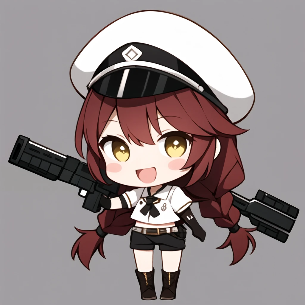 <lora:Ertouqchibi_20240428100010-000017:0.5>,Ertouqchibi,1girl,solo,holding,hat,red hair,gun,weapon,black shorts,gloves,shorts,black headwear,holding weapon,braid,elbow gloves,holding gun,smile,full body,chibi,boots,peaked cap,brown gloves,white background,handgun,hair between eyes,bangs,short shorts,open mouth,:d,looking at viewer,standing,brown eyes,short sleeves,single braid,shirt,white shirt,brown footwear,long hair,blush stickers,dual wielding,puffy short sleeves,yellow eyes,black footwear,puffy sleeves,black gloves,