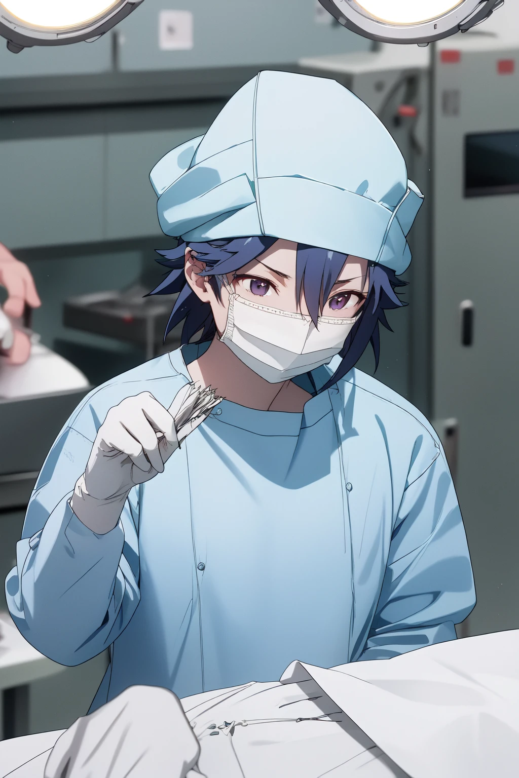 (RAW photo, best quality), 1girl, long sleeve surgical outfit, surgical mask,  surgical gloves, surgical cap,  operating room, overhead surgical light, dslr, blurred background, focused
<lora:triage_x_sayo_hitsugi_v1_2:1.3>, sayo hitsugi (triagex), 
 <lora:concept_clothing_surgical_outfits_scrub_nurse_v2_1:0.7> scrub_nurse