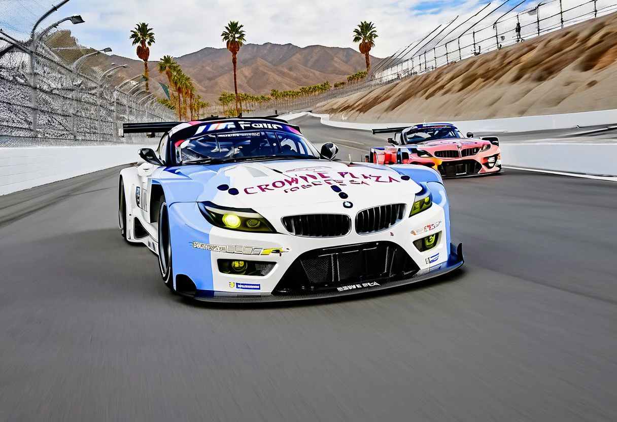 An intricately detailed digital art background showcasing the BMW Z4 GTE E89 speeding down a closed California highway transformed into a thrilling race course. The sleek and powerful Z4 GTE carves through the twists and turns of the asphalt, its aerodynamic design allowing it to hug the curves with precision and agility. Spectators line the roadside barriers, their cheers blending with the roar of the engine as the Z4 GTE streaks past in a blur of speed. The iconic California landscape stretches out in the background, with rugged mountains and palm trees lining the highway, adding to the excitement of the scene. Every aspect of the car and its surroundings is rendered with meticulous attention to detail, creating a captivating backdrop that perfectly captures the thrill of high-speed racing on a California highway, cinematic lighting, multiple views, Wide-Angle, Ultra-Wide Angle, 135mm, f/1.8, Canon, UHD, retina, masterpiece, super detail, award winning, best quality, 4K