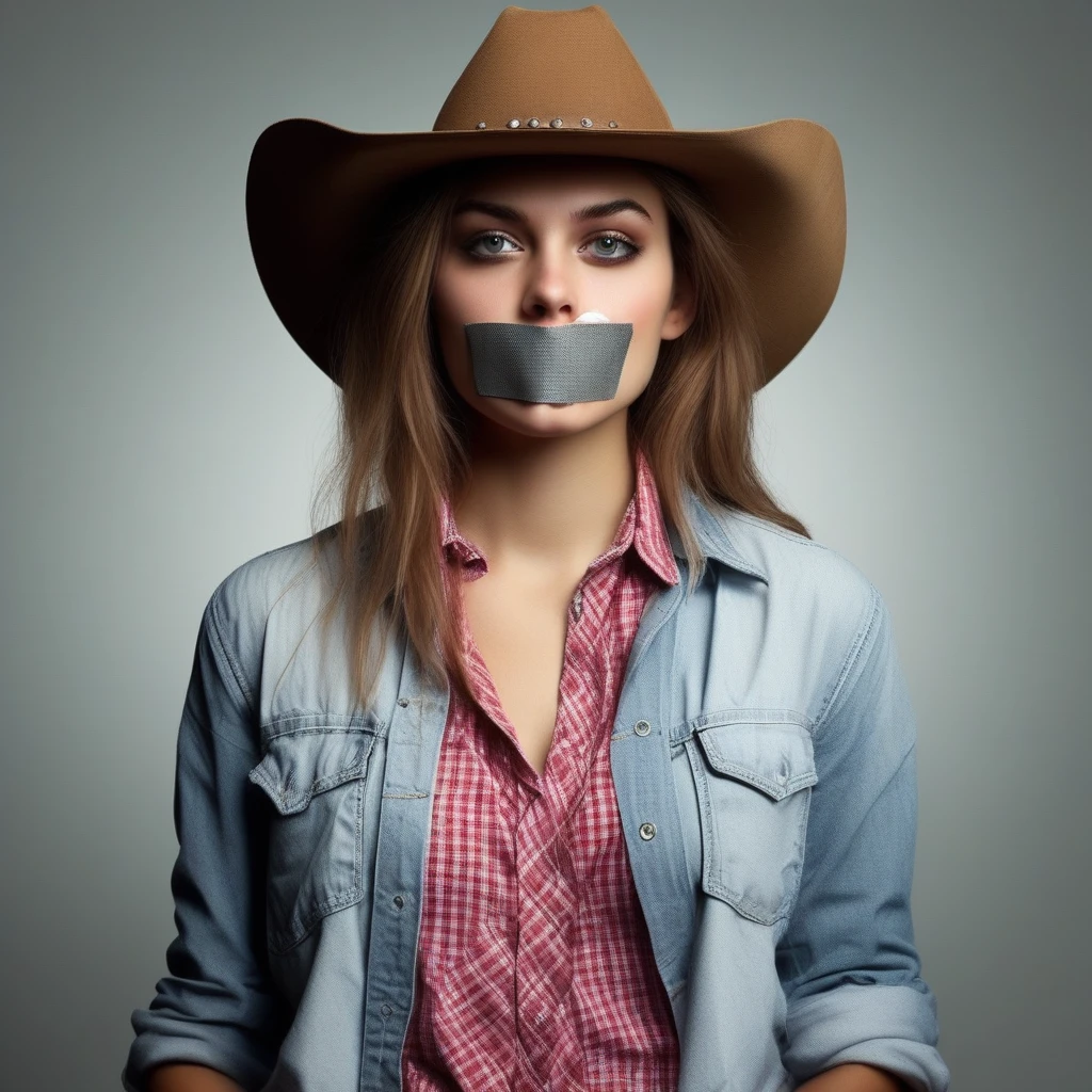 cowboy shot of one 20yo woman, casual clothes, tapegag, looking at you