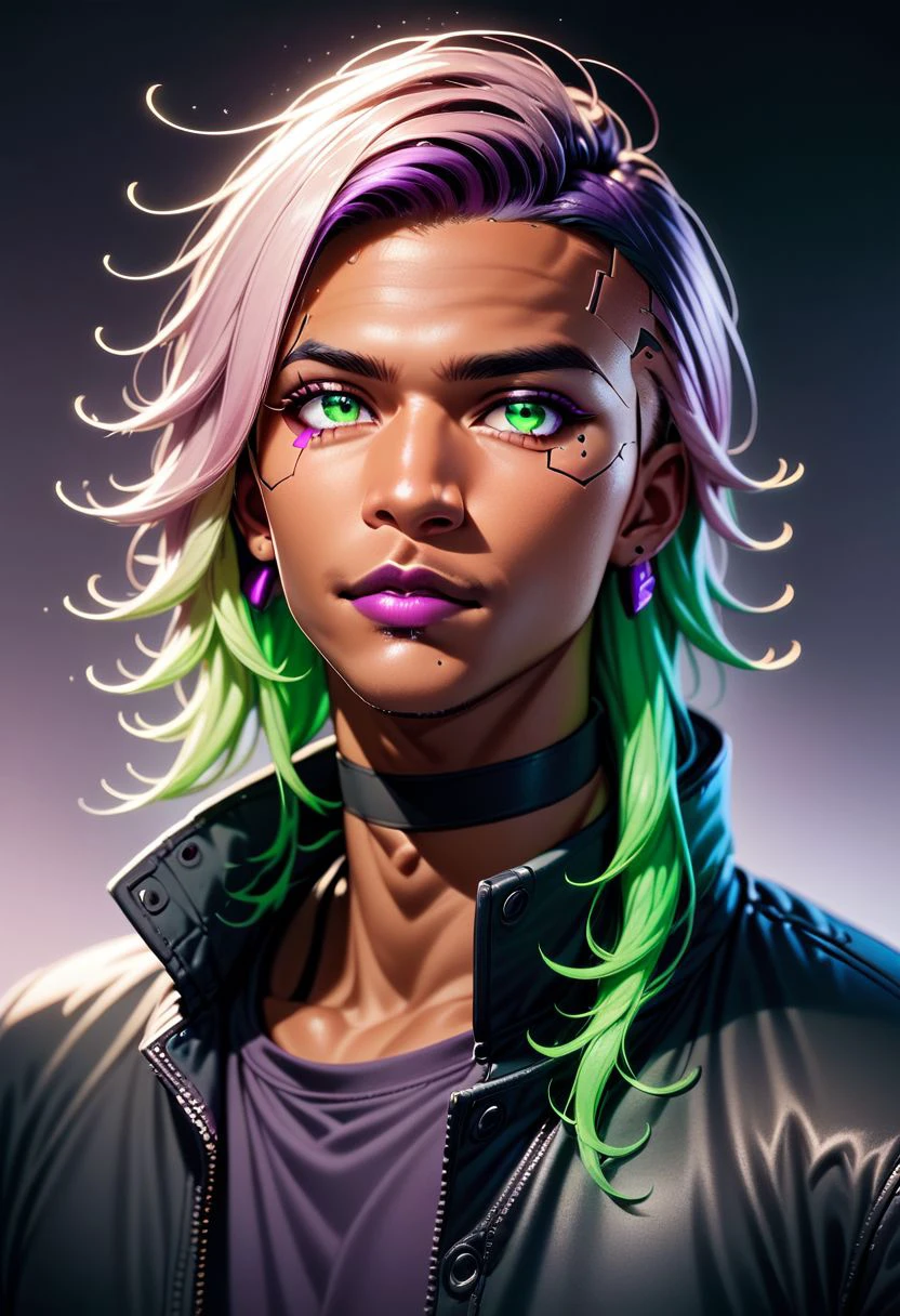 Cameron X'voor, 1boy, male focus, tan, dark skinned male, black choker, black jacket, choker, cyberpunk, earrings, gradient hair, eyeshadow, gradient, gradient background, gradient hair, green eyes, green hair, lips, lipstick, long hair, makeup, multicolored hair, piercing, pink hair, portrait, purple lips, rainbow hair, ,PonyXLV6_Scores zPDXL