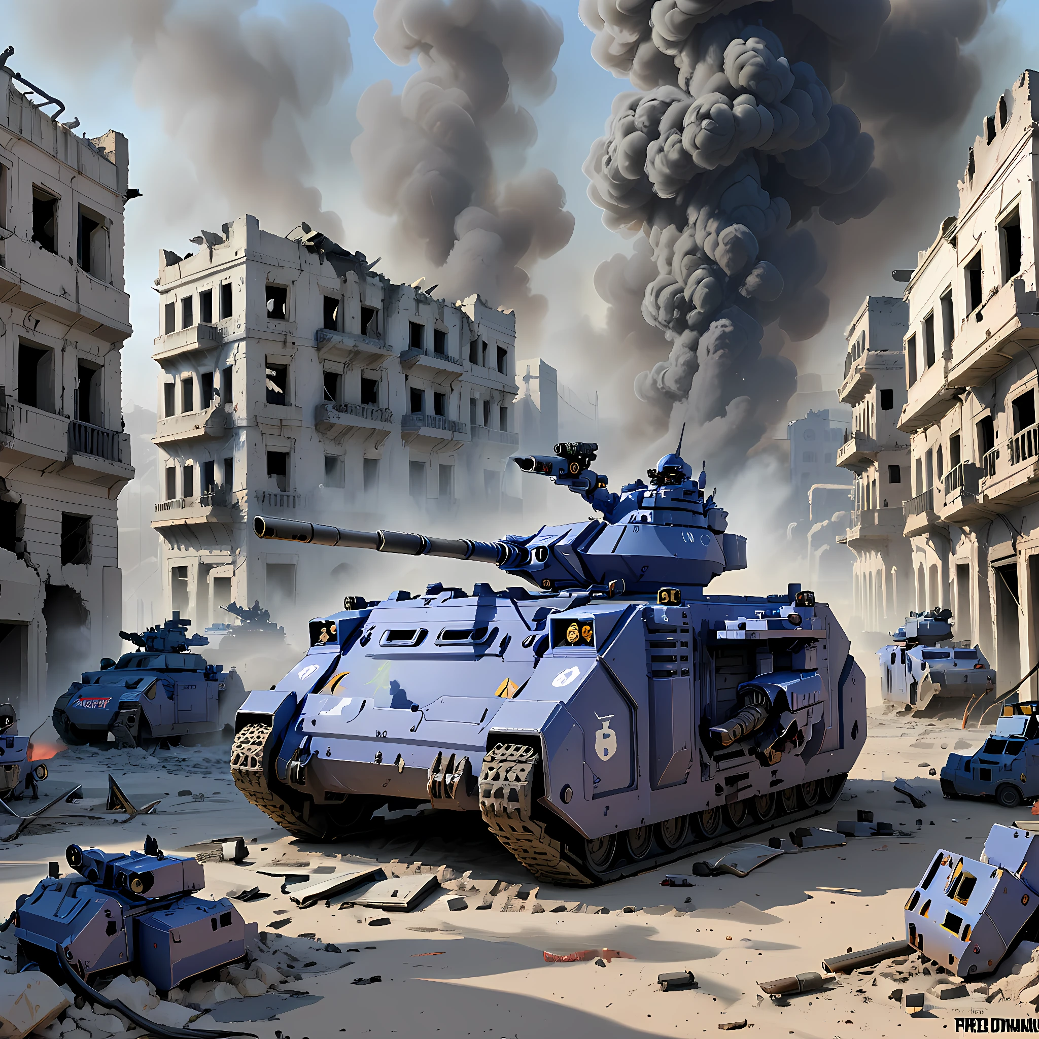 a tank in a ruined city, predtank, military vehicle, ground vehicle, fire, smoke,