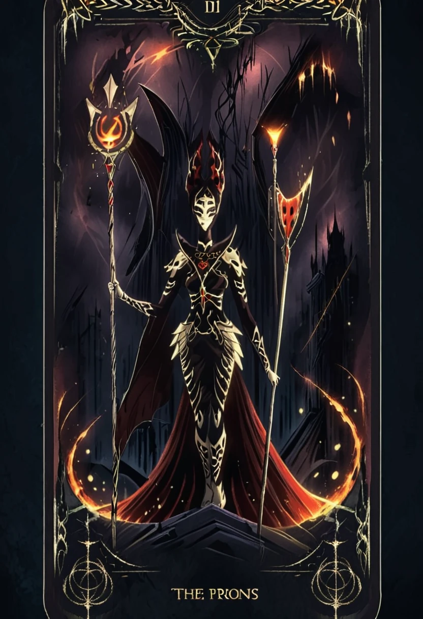 (best quality, masterpiece, absurdres, highres, ultra_detailed, dynamic angle:1.2), a death tarot card featuring (nacrafa \(mysticons\) <lora:mysticons_nacrafa_xl_v4:1>, 1girl, holding staff) as the central character, casting dark shadow magic, emanating inky dark tendrils, oppressive gloom, shrouded in chilling dark smoke, surrounded by evil ethereal sprites, solo, cartoon, cartoon style, (intricate details, hyperdetailed:1.15), (ultrahigh resolution textures), bokeh, (volumetric, cinematic) lighting,  <lora:edrtcard:0.9>