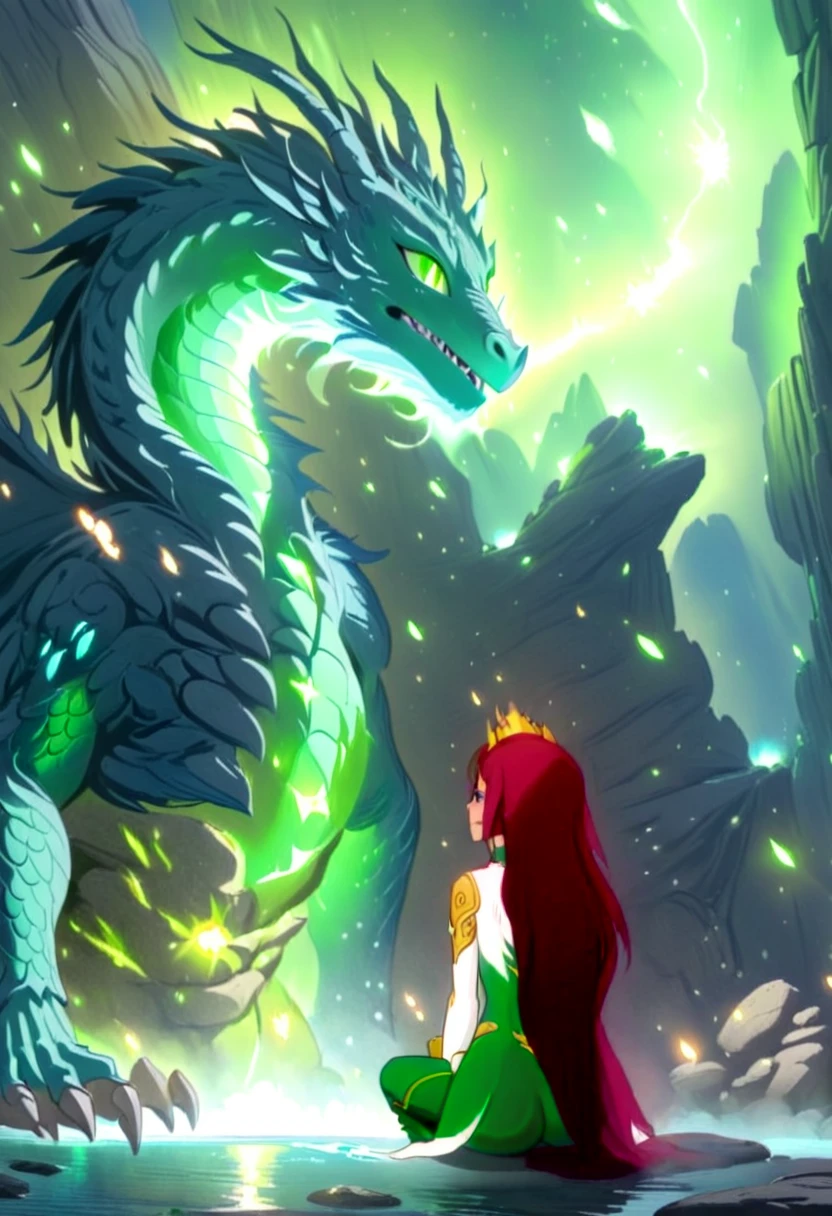 (best quality, masterpiece, absurdres, highres, ultra_detailed, dynamic angle:1.2), animal guardian, ethereal glowing green dragon, green eyes, looking at viewer, floating rocks, by night, green sky, stars, mystical atmosphere, cartoon, cartoon style, (intricate details, hyperdetailed:1.15), (ultrahigh resolution textures), bokeh, green lighting, <lora:guardian-animal-xl:0.8>
AND arkayna \(mysticons\) magic outfit <lora:mysticons_arkayna_magic_xl:1>, white bodysuit, green tight pants, tiara, dark red very long hair, sit, lotus pose, from behind