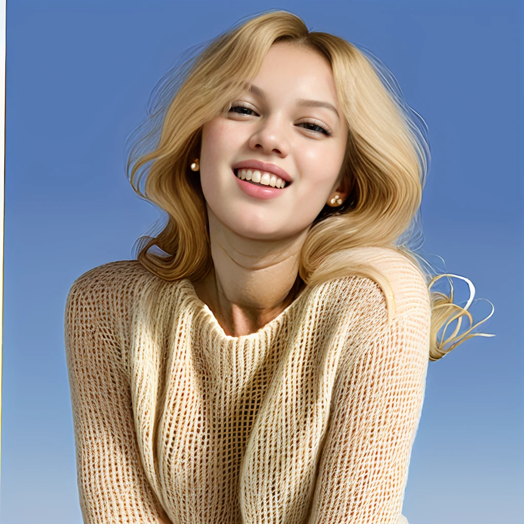 portrait photo of a blonde haired woman BrigitteLahaie wearing oversized sweater, sfw, (masterpiece, best quality:1.2), smiling,