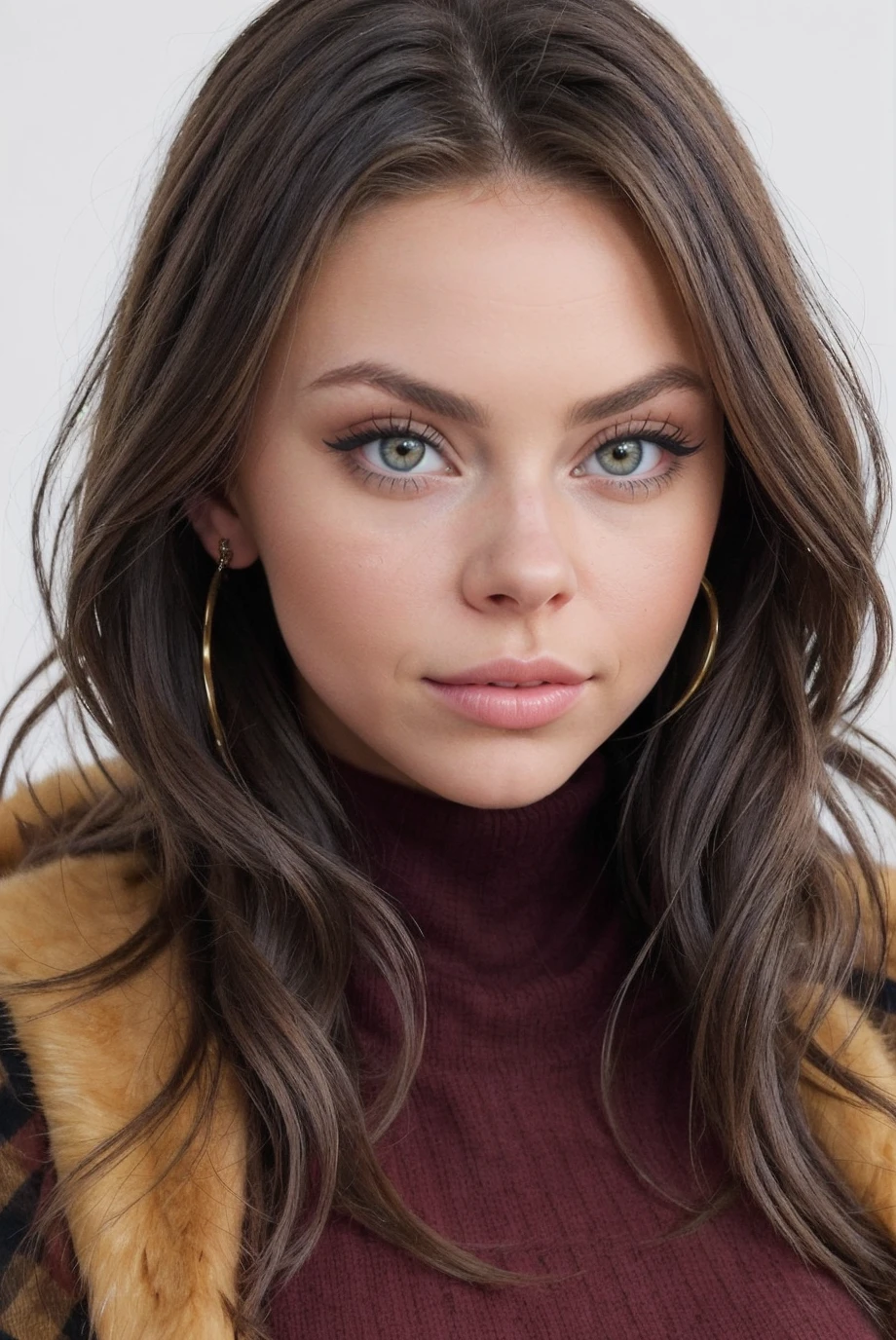 close up photo of a 0ER0_Alyssa_Kulani, <lora:epi_noiseoffset2:0.8>, bokeh, (Wrapped in a faux fur coat over a turtleneck sweater and plaid skirt, she exudes cozy-chic vibes with a touch of elegance:1.2)