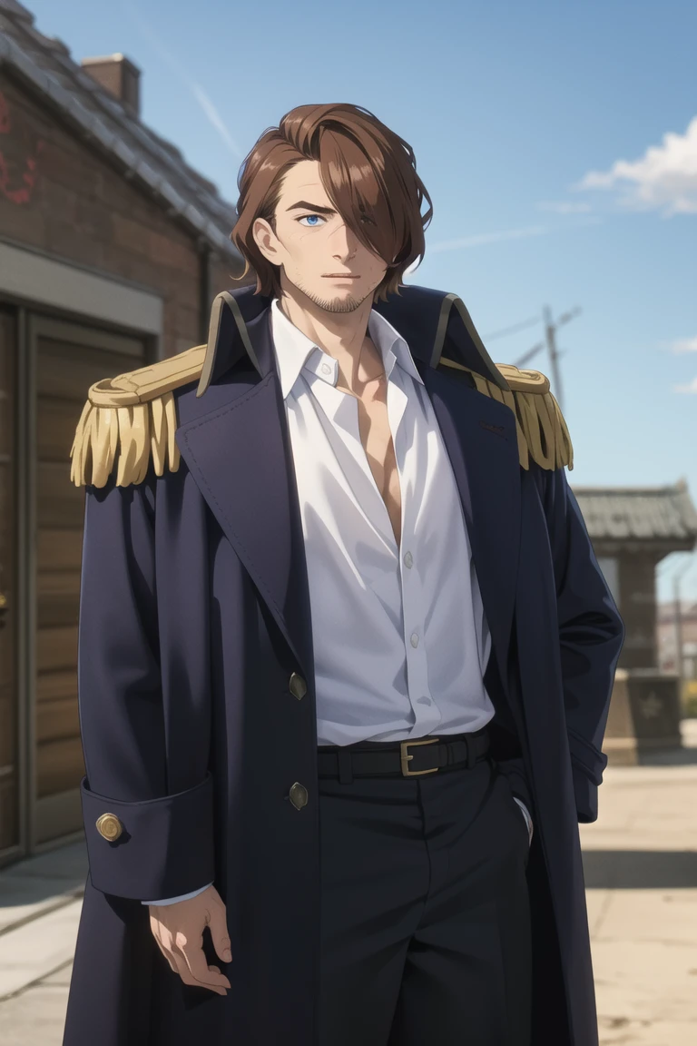 solo male, Graf Granat \(Frieren: Beyond Journey's End\), brown hair, hair parted to one side, facial hair, stubble, blue eyes, sanpaku, hair over one eye, white collared shirt, exposed shirt, black pants, matching boots. dark blue coat, open coat, (coat over shoulders), gold epaulettes, mature, handsome, charming, alluring, standing, upper body, perfect anatomy, perfect proportions, best quality, masterpiece, high_resolution, dutch angle, cowboy shot, photo background, palace<lora:EMS-359704-EMS:0.800000>