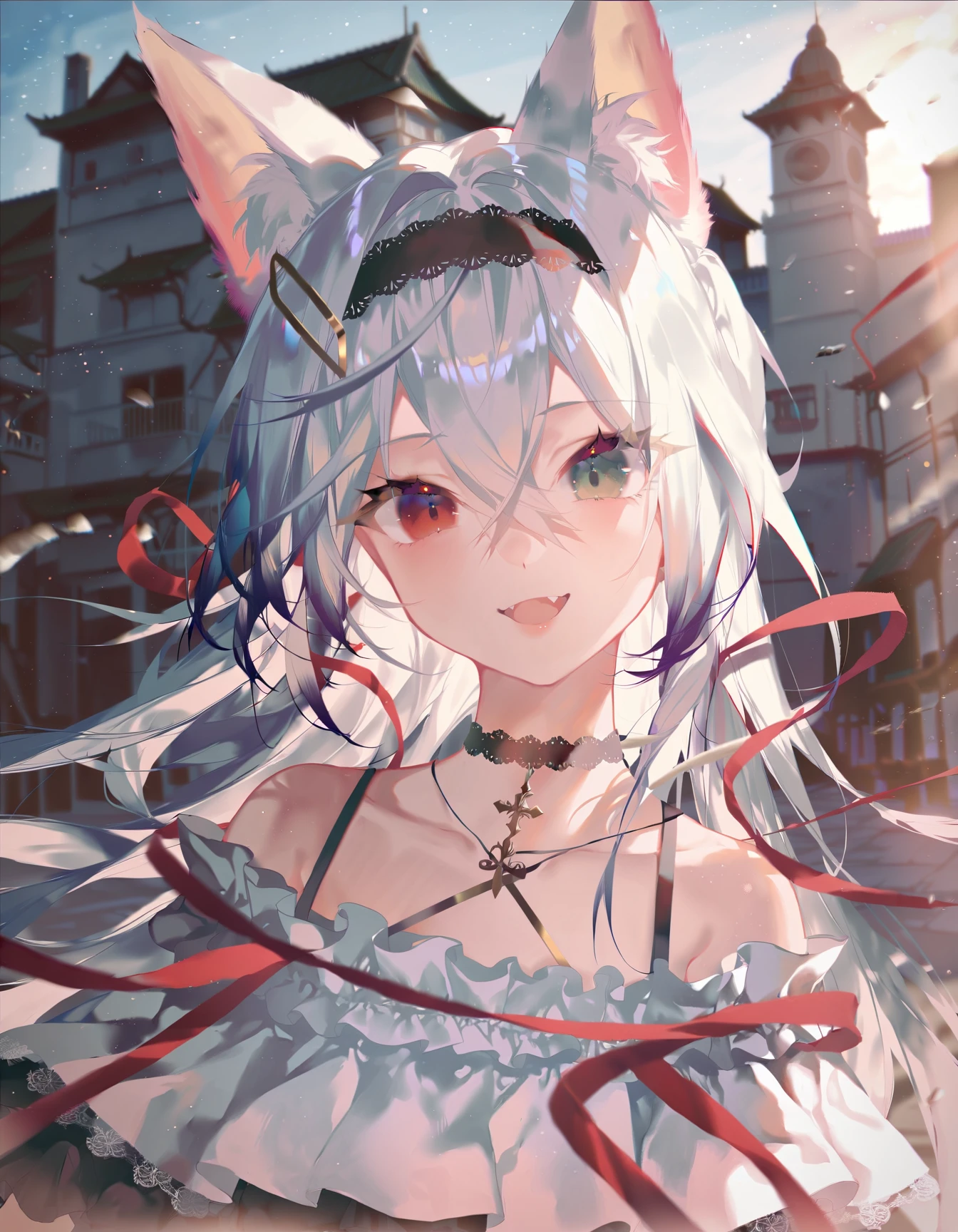 1girl, upper body, white hair, hair intakes, black headband, long hair, green eyes, red eyes, fox ears, hair between eyes, heterochromia, off shoulder, white dress, frills, blurry, building, smile, open mouth, fang, (aesthetic:1.5), <lora:Recneps-SAIS:0.8>