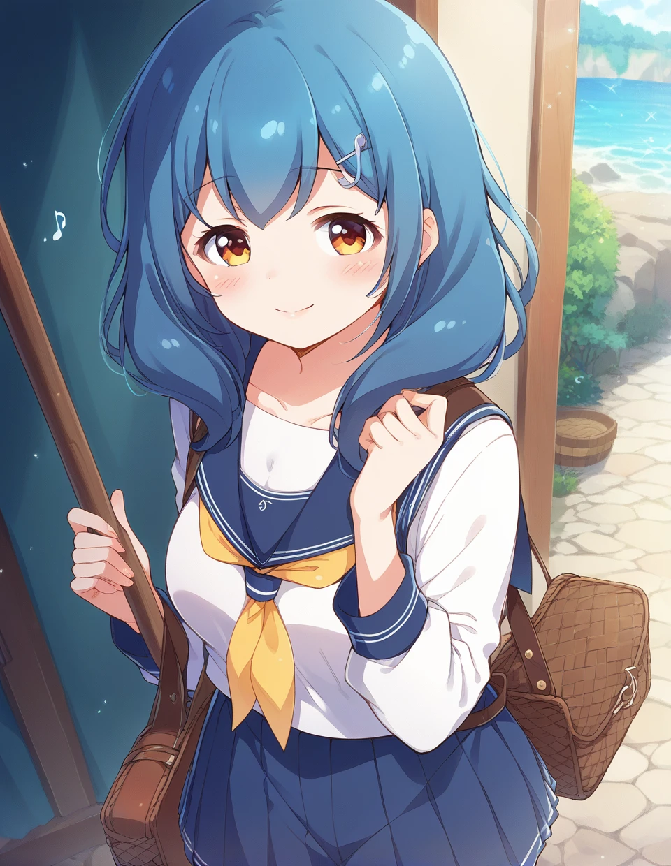 score_9,score_8_up,score_7_up,score_6_up,score_5_up,score_4_up,
1girl,<lora:batogashiho_pony:1>,batogashiho,musical note hair ornament,blue hair,eyebrows visible through hair, bangs, blush, short hair, hair between eyes,,sailor uniform,yellow bow,outdoors,standing,posing,dynamic angle,medium hair,