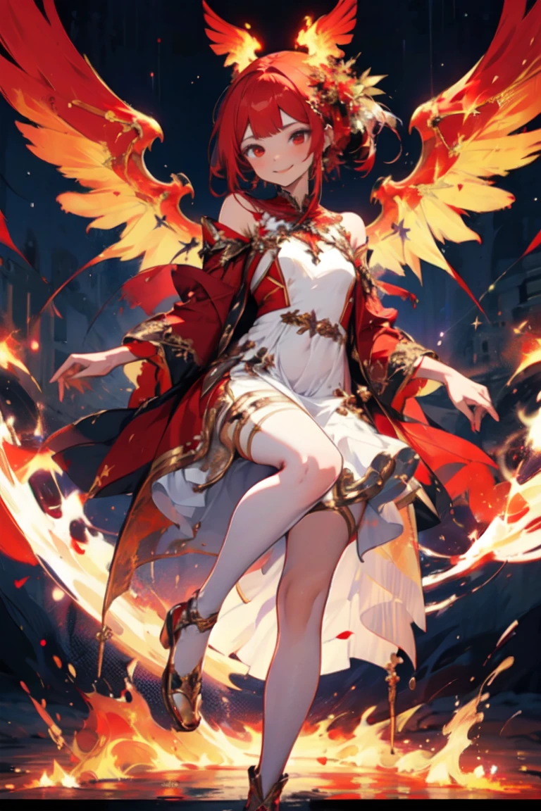 solo, 1girl, serious smile, celestial dress, red fire, fiery wings