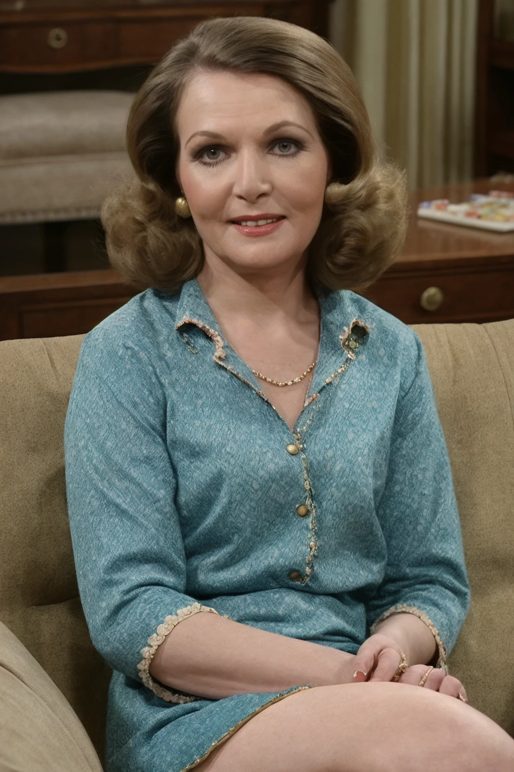 <lora:Margo Leadbetter_epoch_10:0.8>, margol, sophisticated glamour, 1970s housewife, small smile, sitting in a suburban living room, (insanely detailed, masterpiece, detailed eyes, best quality), full body shot