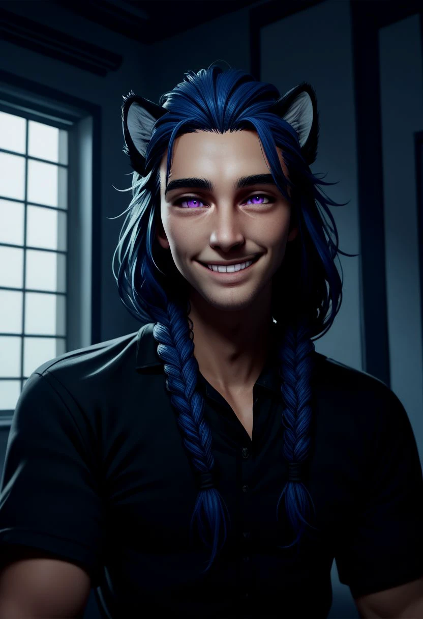 Tobias X'voor, solo, long hair, looking at viewer, smile, 1boy, animal ears, male focus, blue hair, purple eyes, braids,  black shirt, indoors, upper body, portrait, PonyXLV6_Scores zPDXL