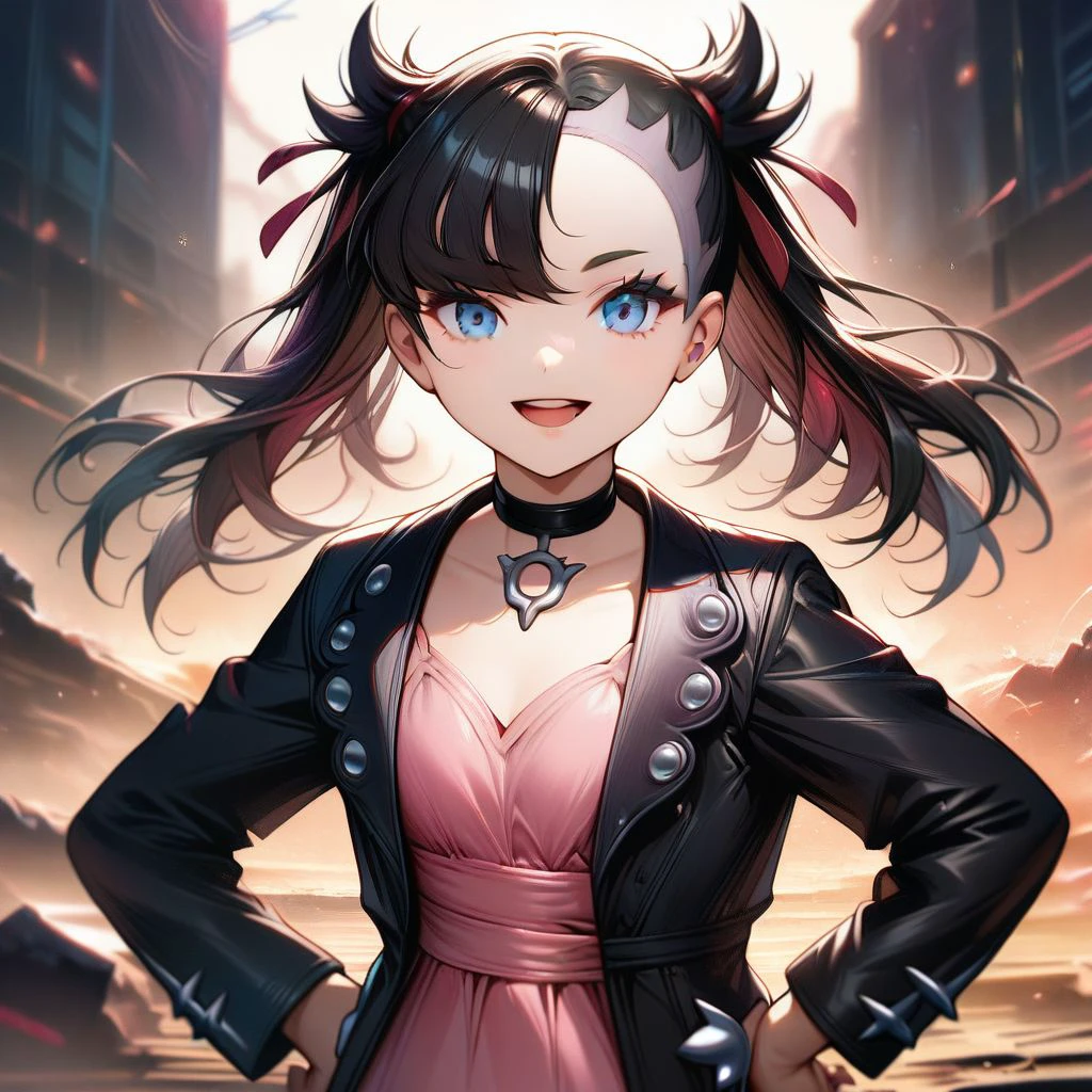 , solo, 1girl, marnie, black jacket, pink dress, choker, twintails, black hair, blue eyes, smile, hands on hips, upper body, open mouth