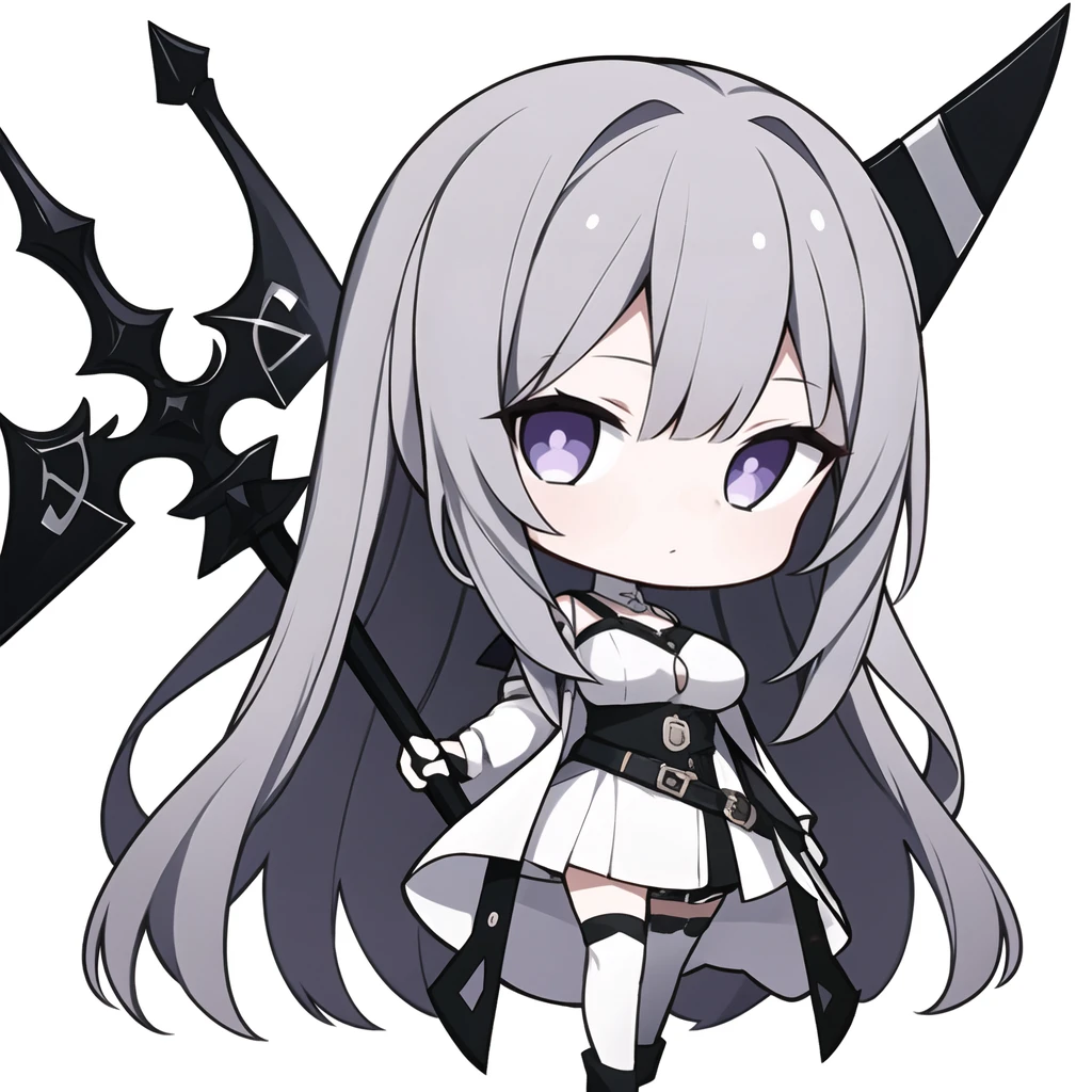 <lora:Ertouqchibi_20240428100010-000017:0.5>,Ertouqchibi,1girl,solo,grey eyes,long hair,holding,grey skin,very long hair,breasts,white background,chibi,full body,purple hair,bangs,weapon,standing,colored skin,holding weapon,looking at viewer,dress,thighhighs,axe,holding axe,hair ornament,polearm,closed mouth,holding polearm,medium breasts,white dress,boots,jewelry,pelvic curtain,earrings,