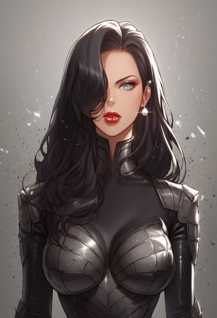 score_9, score_8_up, score_8, rating_explicit,naturalism, hyperrealistic, looking at viewer, masterpiece, solo, upper body focus,score_7_up, close-up,solo, solo, tall, supervillain, skitter black bodysuit, long hair, fully clothed, dynamic pose, Jessica Rabbit, 1girl, black hair, long straight hair, hair over one eye, pale lilac eyes, lipstick, makeup,