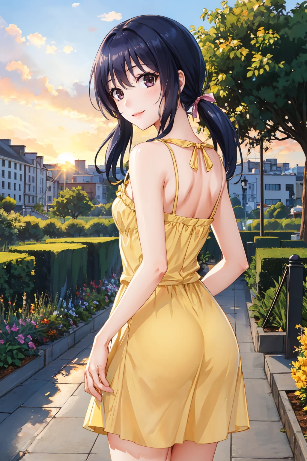 masterpiece, best quality, 1girl,  <lora:funabori-nvwls-v1-000009:0.9> funabori, short twintails, (yellow sundress:1.4), from behind, garden, smile, looking at viewer, city, sunset