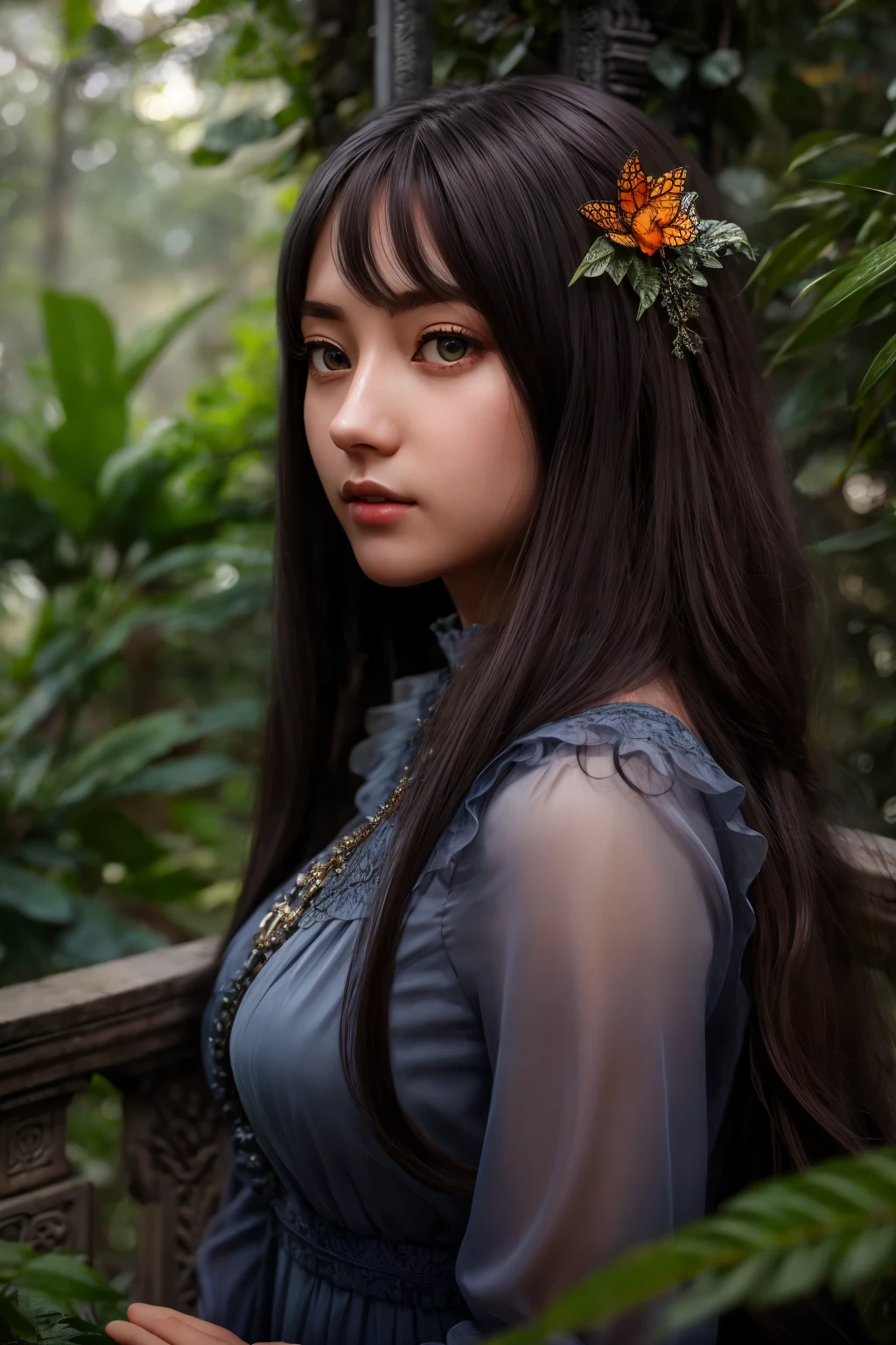 masterpiece, highly detailed 8k, best quality, volumetric lighting, volumetric lighting, intricate, Grey long hair young woman in Midnight Blue rfdrss, :|, Monarch Orange eyes, Ancient Temples Hidden in Jungle Canopies background <lora:ruffled dress v4.3-000007:1>