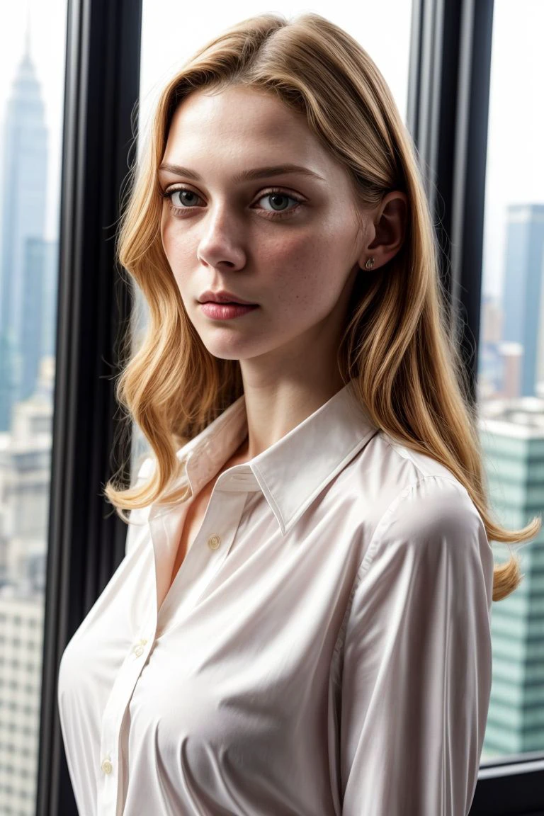 European woman, closeup, (shirt), pants, (skyscraper window), (), ZM_anne, wide shoulders, perfect face, (contact iris: 1.1), pale skin, skin pores , depth of field