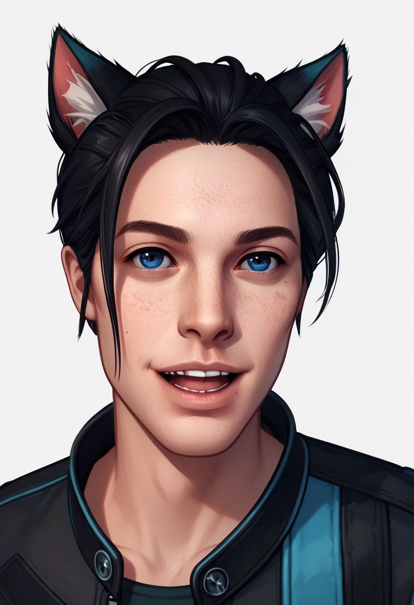 Maverick Ellis Rowe, 1boy, male focus, solo, short hair, blue eyes, black hair, animal ears, parted lips, :P , smile, upper teeth only, cat ears, lips, animal ear fluff, freckles,  PonyXLV6_Scores zPDXL