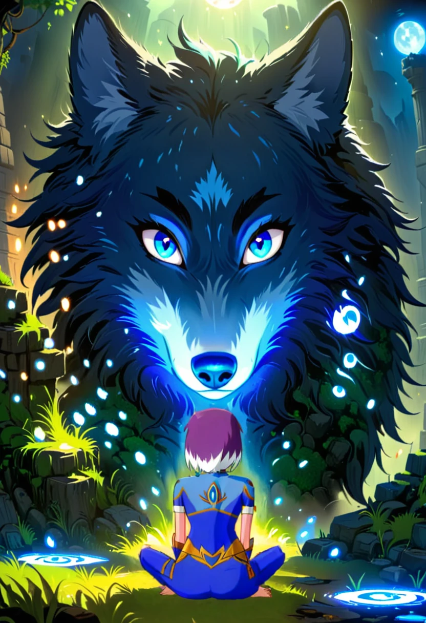 (best quality, masterpiece, absurdres, highres, ultra_detailed, dynamic angle:1.2), animal guardian, wolf, blue eyes, looking at viewer, ruins, pillar, grass, moss, fog, by night, mystical atmosphere, cartoon, cartoon style, (intricate details, hyperdetailed:1.15), (ultrahigh resolution textures), bokeh, blue lighting, <lora:guardian-animal-xl:0.8>
AND zarya \(mysticons\) magic outfit <lora:mysticons_zarya_magic_xl:1>, purple hair, sit, lotus pose, from behind