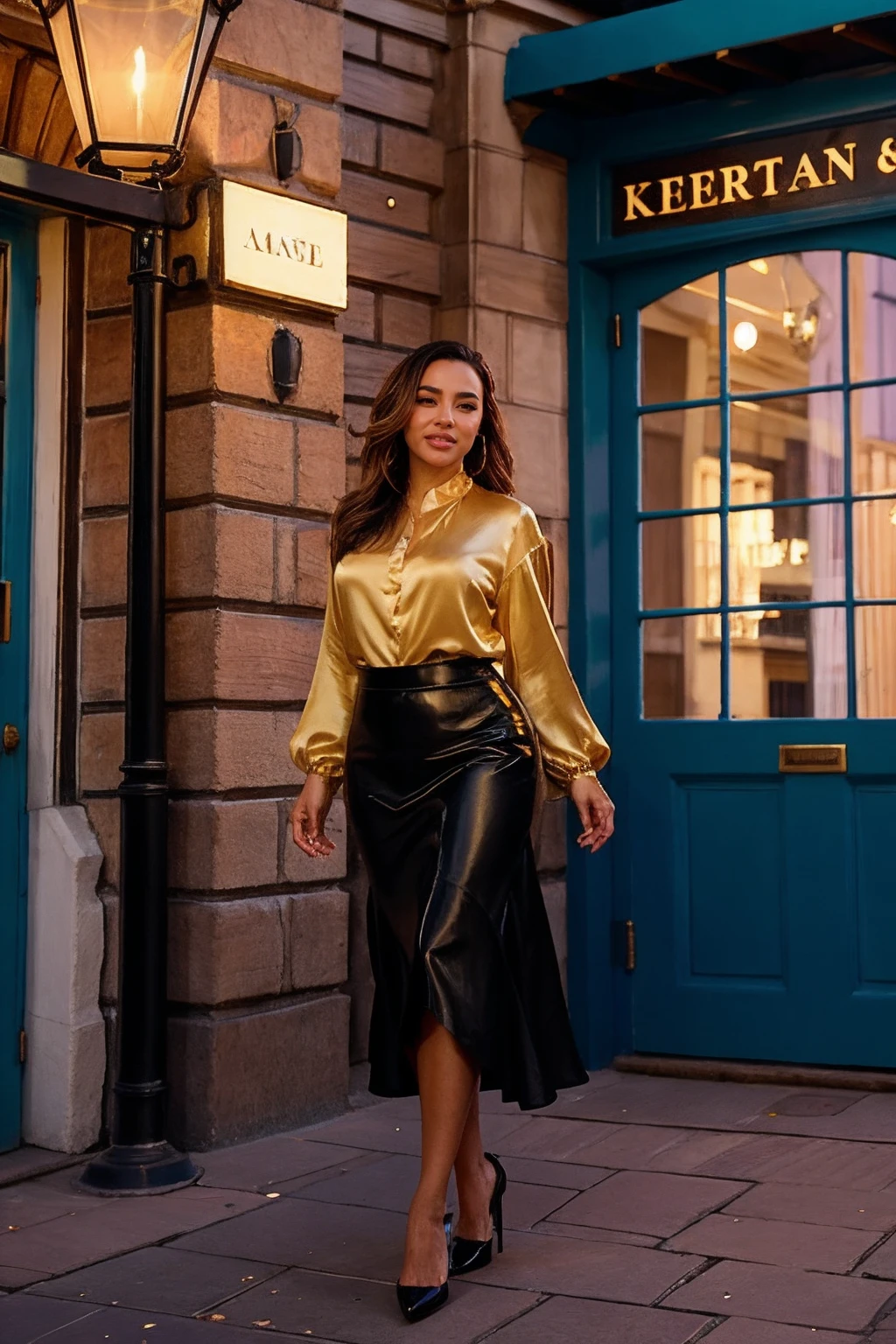 anacheri, a woman wearing silk blouse and midi skirt, london, Cobblestone streets and charming storefronts in the eclectic and vibrant Covent Garden area, (neon lighting:0.5)  <lora:anacheri:1>