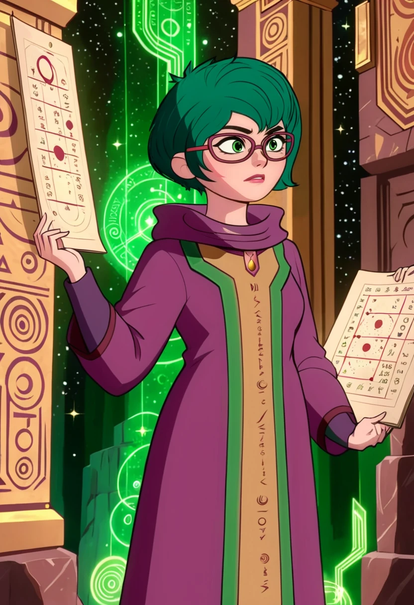 (best quality, masterpiece, absurdres, highres, ultra_detailed, dynamic angle:1.2), proxima \(mysticons\), <lora:mysticons_proxima_xl_v4:1>, 1girl, glasses, green short hair, brown collared robes with long sleeves, solo, alone, in a mystical temple, walls covered with glowing glyphs and constellation charts, cartoon, cartoon style, (intricate details, hyperdetailed:1.15), (ultrahigh resolution textures), bokeh, (volumetric, cinematic) lighting