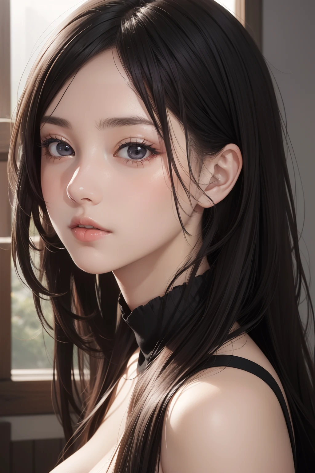 1girl, (nsfw:1.2), upper body, (masterpiece, best quality), RAW photo, 16k wallpaper, extremely detailed CG, amazing, ultra detailed, hyperrealistic, official art, High quality texture, incredibly absurdres, highres, 18 years old, cute girl, beautiful face, detailed large black eyes,