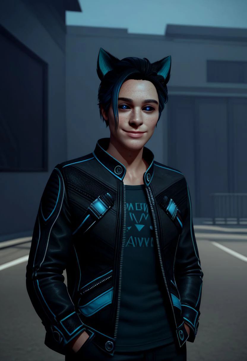 Maverick Ellis Rowe,  solo, looking at viewer, smile, short hair, blue eyes, shirt, black hair, 1boy, animal ears, jacket, upper body, outdoors, open clothes, cat ears, open jacket, black jacket, realistic, hands in pockets, colored sclera, black sclera, two tone hair, blue hair, PonyXLV6_Scores zPDXL