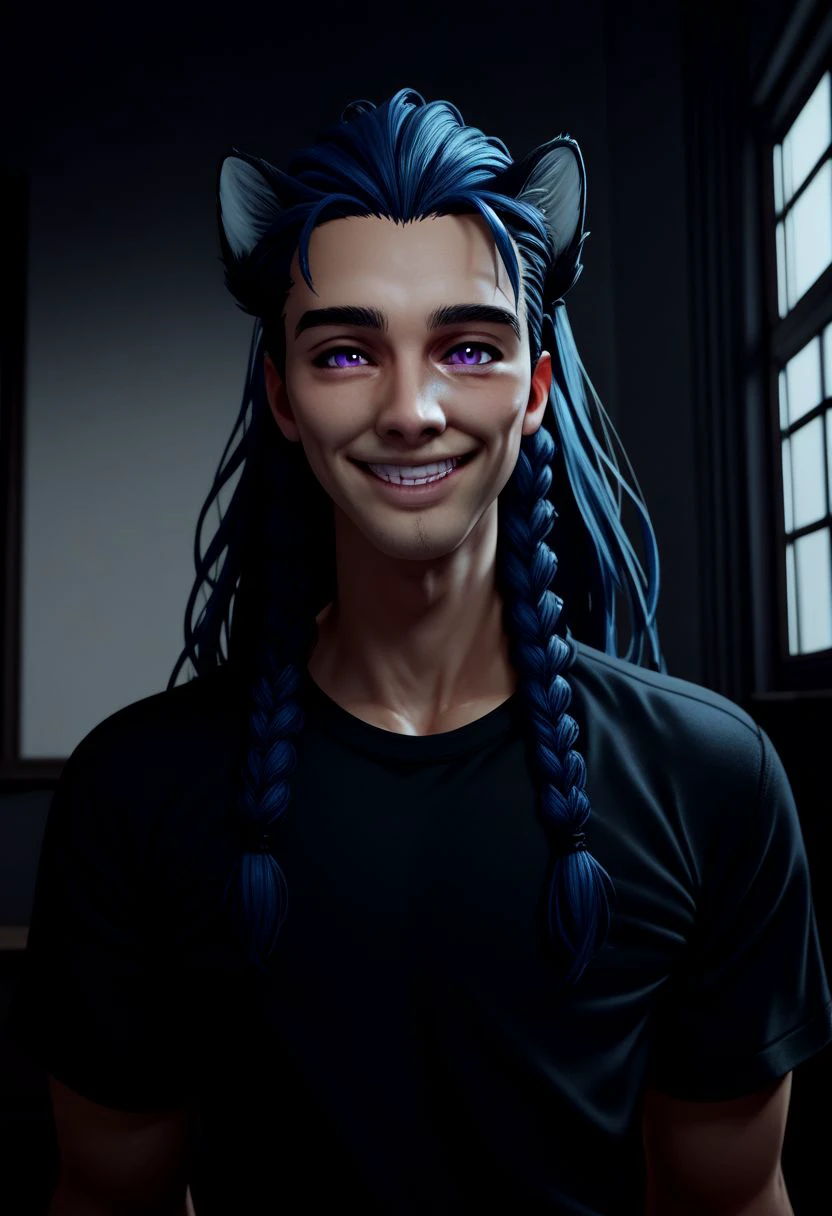 Tobias X'voor, solo, long hair, looking at viewer, smile, 1boy, animal ears, male focus, blue hair, purple eyes, braids,  black shirt, indoors, upper body, portrait, PonyXLV6_Scores zPDXL