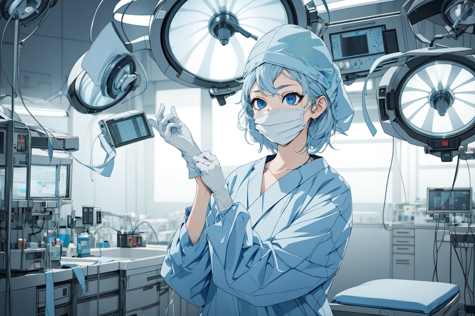 (RAW photo, best quality), 1girl, long sleeve surgical outfit, surgical mask,  surgical gloves, surgical cap,  operating room, overhead surgical light, blurred background, focused
 <lora:concept_surgery_gloving_v2_1:1>, putting_on_surgical_gloves,
 <lora:naomi_kimishima_v1_2:0.9> naomi_kimishima