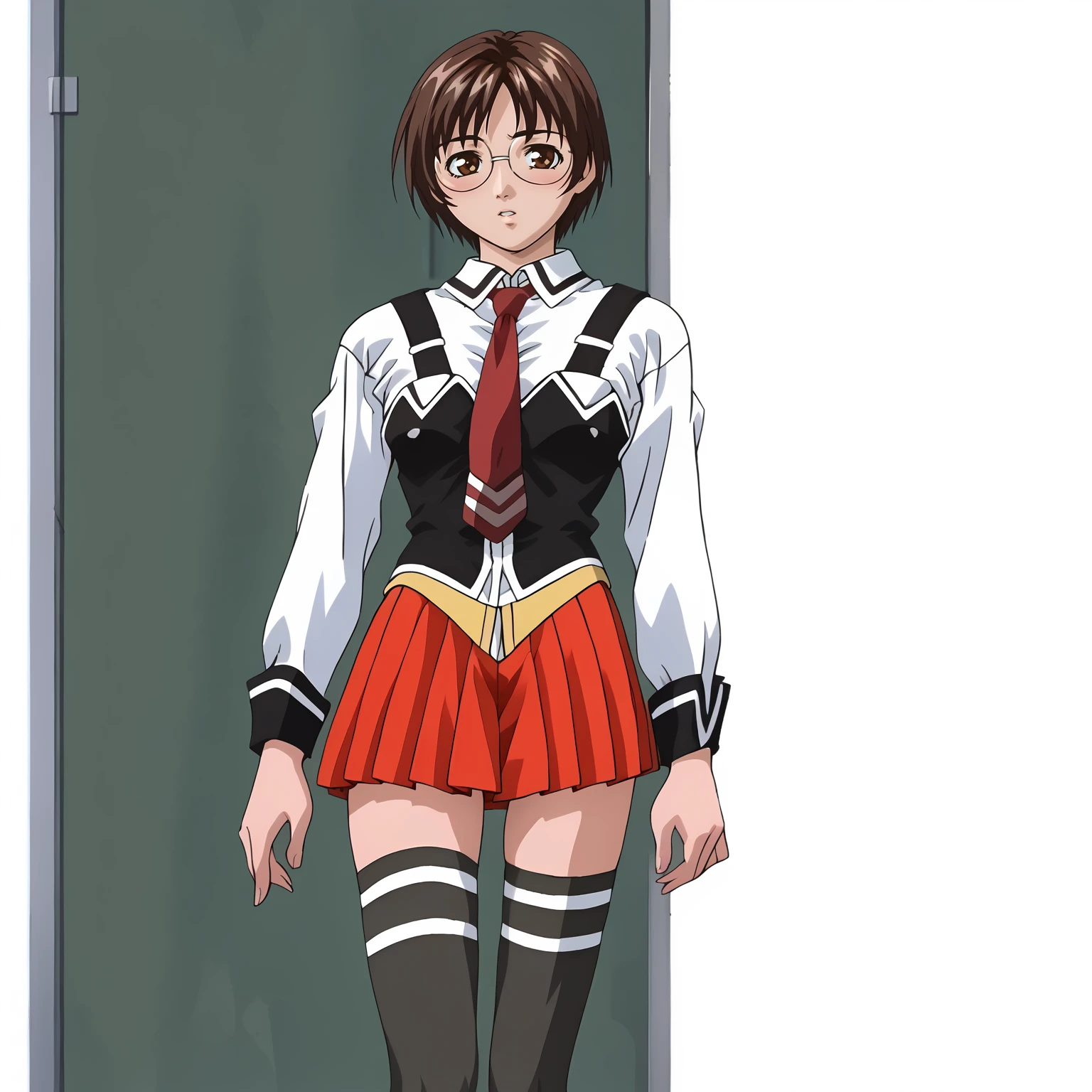 <lora:MiyukiNonogusaXLpony003>,parted lips,blush,
solo,
MiyukiNonogusa,1girl,brown hair,short hair,eyewear,brown eyes,
school uniform,white shirt,strap,vest,red tie,
red skirt,
thighhighs,
full body,standing,