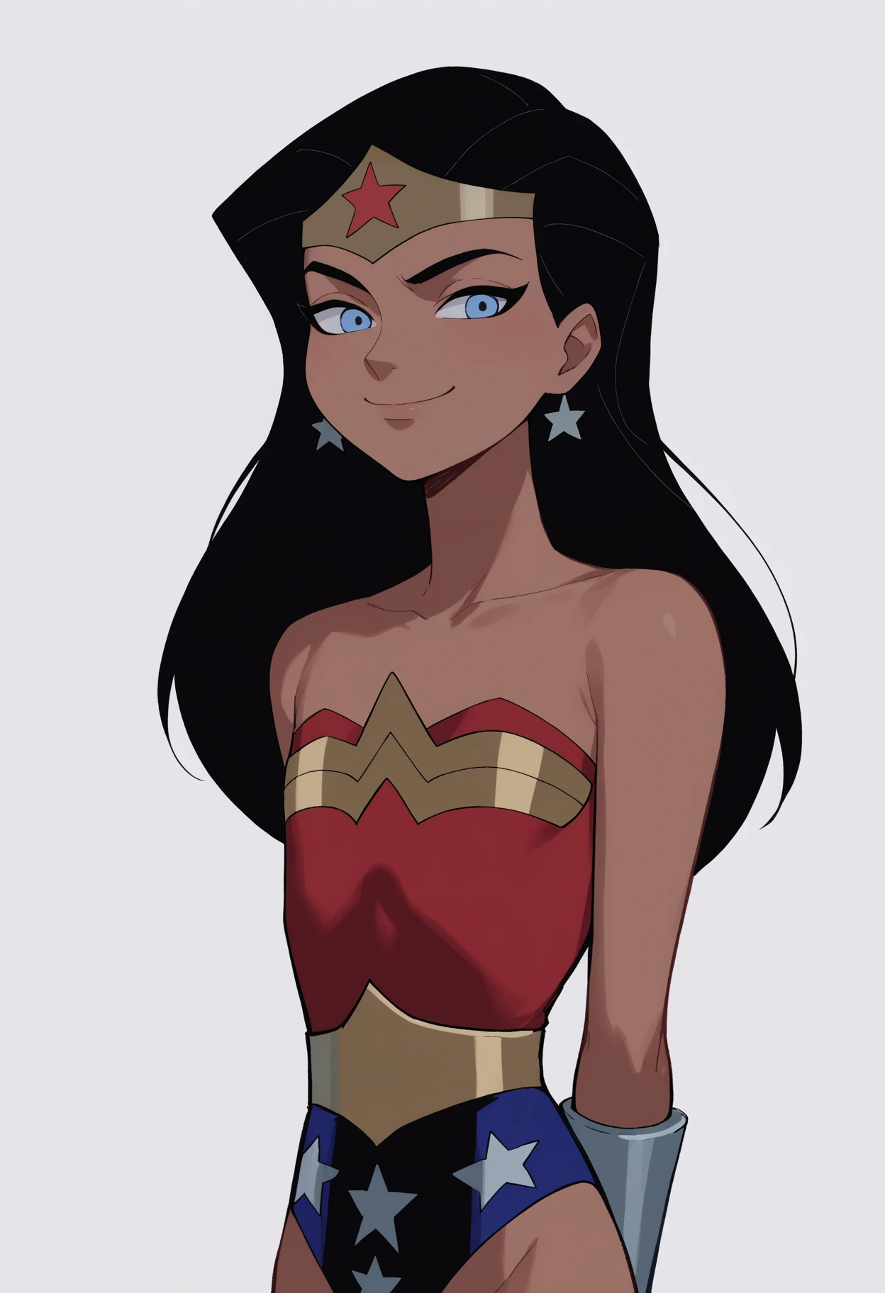 score_9, score_8_up, score_7_up, score_6_up, score_5_up, score_4_up, BREAK, source_anime,
1girl, wonderwoman, black hair, long hair, blue eyes, dark skin, tiara, bare shoulders, earrings, flat chest, jewelry, leotard,
hands behind back, smile, upper body, looking at viewer, solo, simple background, white background <lora:WonderWomanKidsXL:1>