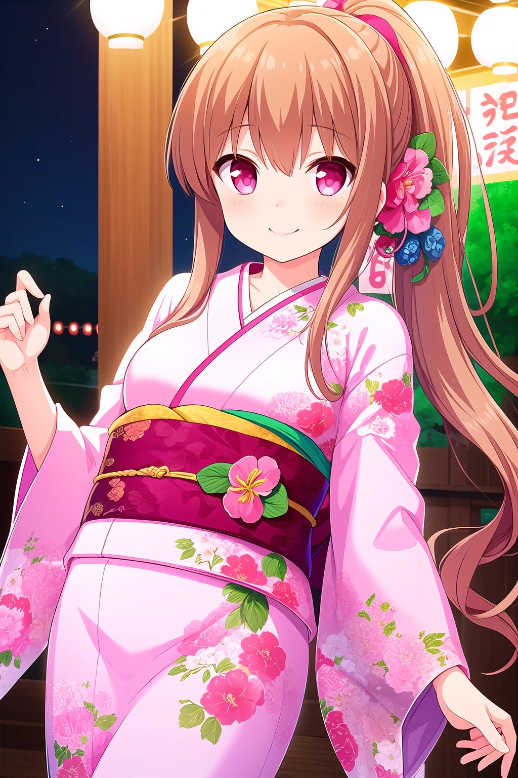 (masterpiece, best quality), highly detailed background, perfect lightingbest quality, asahinamomoko, solo, outdoors, night, summer festival, light brown hair, ponytail, hair between eyes, wavy hair, very long hair, pink eyes, small breasts, pink kimono, floral print, japanese clothes, smile, closed mouth, :), pink lips, <lora:Asahina-Momoko:0.7>