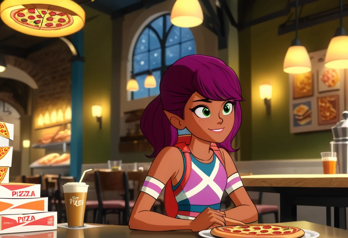 (best quality, masterpiece, absurdres, highres, ultra_detailed, dynamic angle:1.2), piper \(mysticons\) casual outfit <lora:mysticons_piper_casual_xl:1>, 1girl, (light smile:0.4), in a restaurant, crossed arms, sit on a chair, eating pizza, (a large stack of pizza boxes on the table:1.3) cartoon, cartoon style, (intricate details, hyperdetailed:1.15), (ultrahigh resolution textures), bokeh, (volumetric, cinematic) lighting