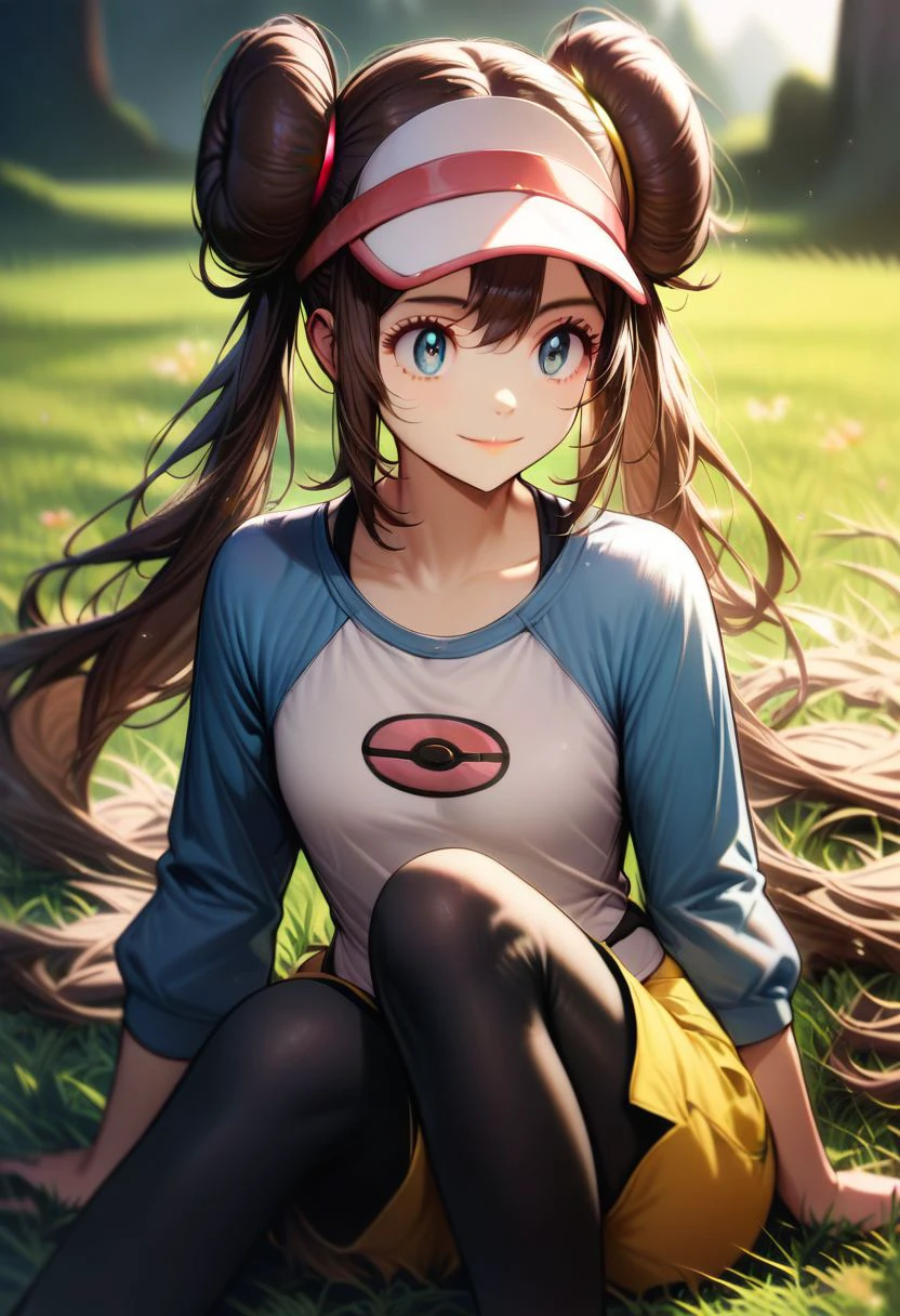 score_9,score_8_up,score_7_up,score_6_up,score_5_up,score_4_up, solo, 1girl, rosa/(pokemon/), smile, sitting, outdoors, grass, in grass, twintails, double hair bun, long hair, sidelocks, raglan sleeves, yellow shorts, black pantyhose, brown hair, blue eyes, visor cap