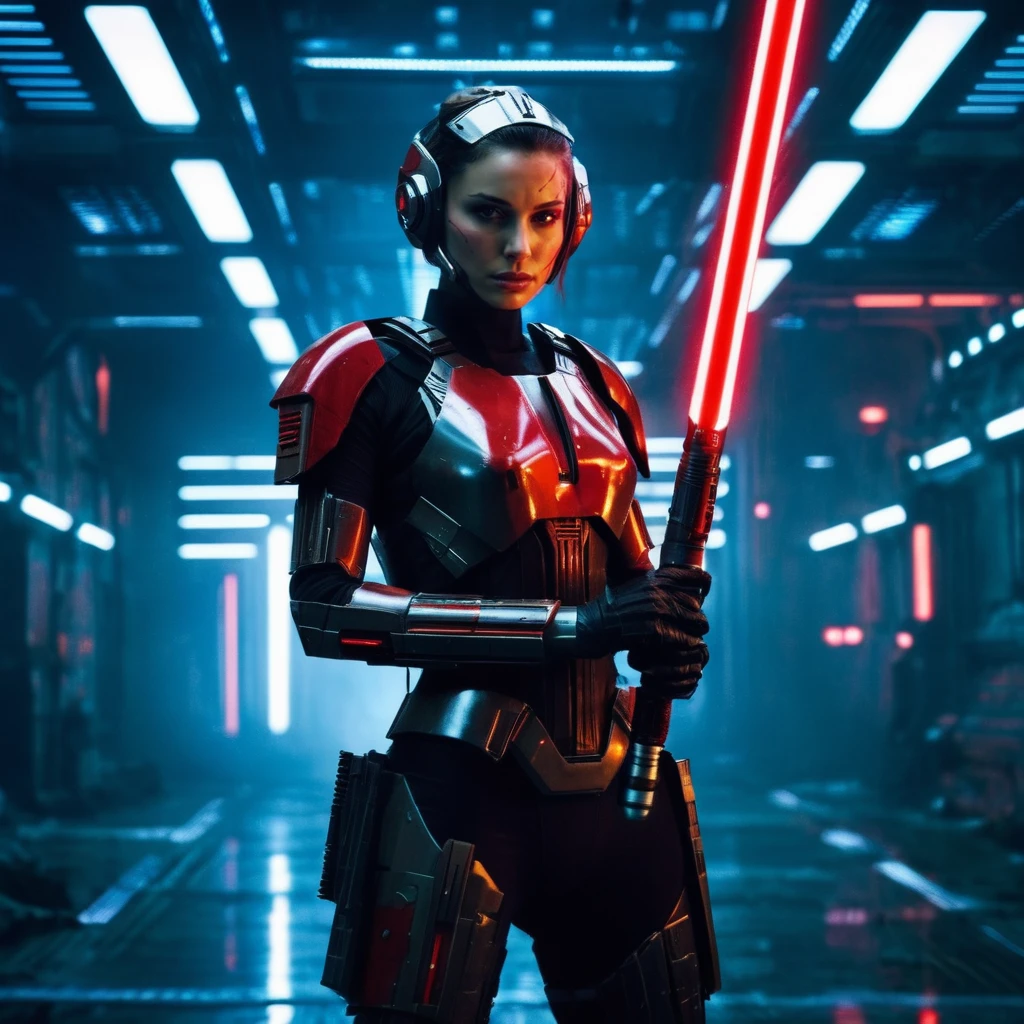 Photo of a female soldier in the year 2436 with futuristic cybernetic enhancements holding a red lightsaber, dystopian background, natxportman, <lora:natportman_gpt4_juggernautX_2_wocap-merger_21_65_83_04_02_04-natxportman:1.1>