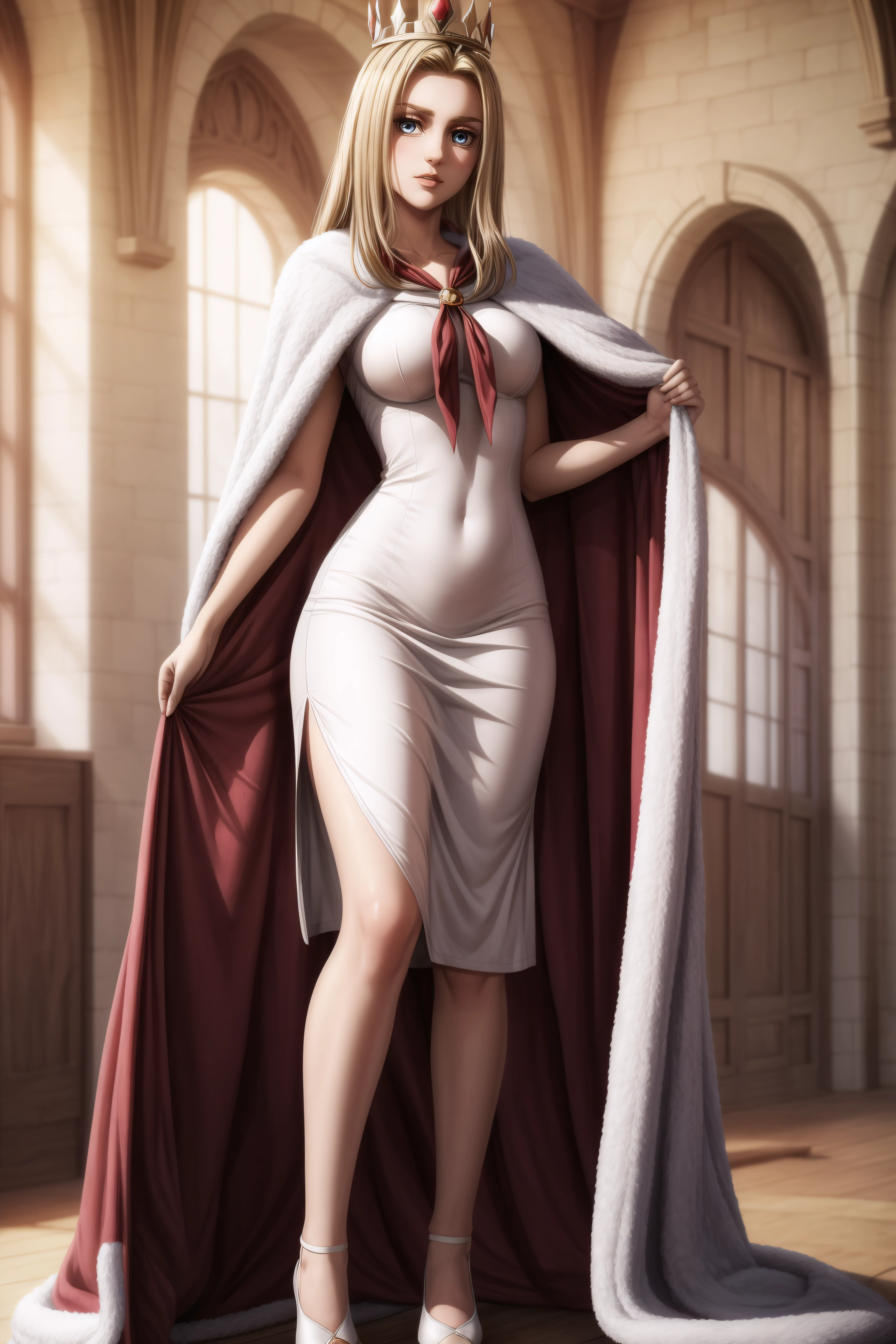 (masterpiece, best quality), <lora:historia reiss-lora-Faxtron:0.8> historia reiss, long hair, medium breasts, white dress, red cape, fur trim, crown, shoes,
<lora:add_detail:0.8>