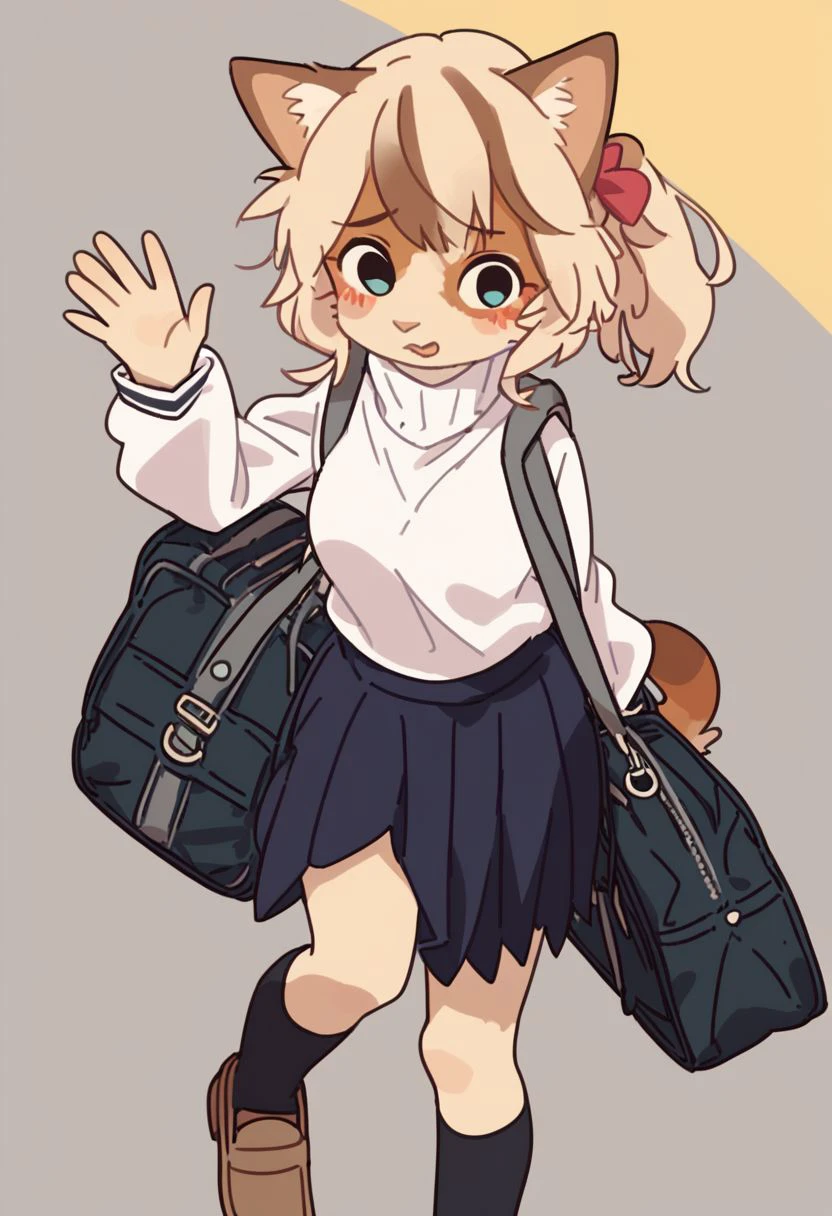 score_9, score_8_up, score_7_up, score_6_up, score_5_up, score_4_up, 1girl, rating safe, cat girl, brown fur, :3, school uniform, skirt, turtleneck, school bag, waving, blush, socks, brown footwear, two-tone background, by yagi the goat