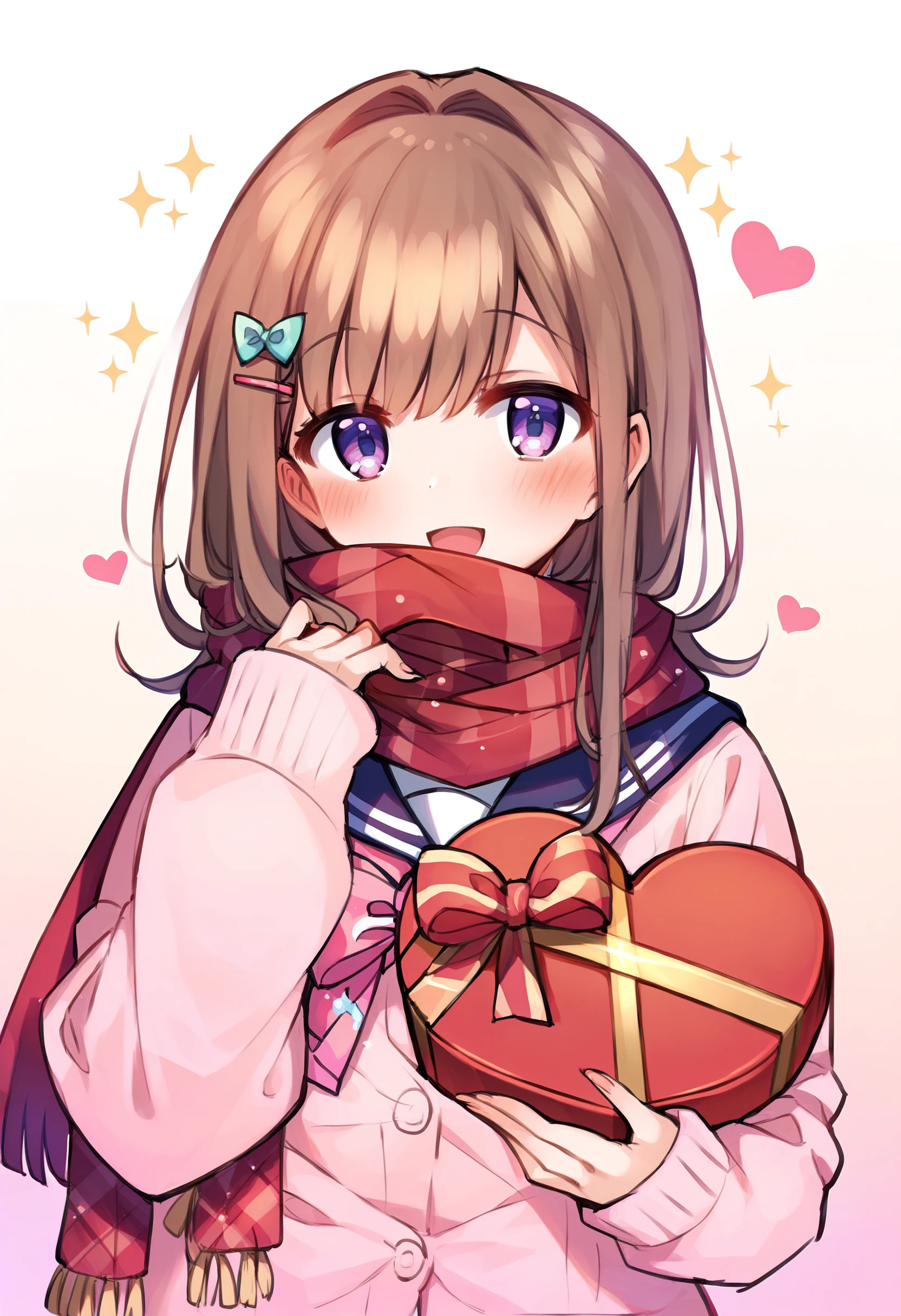 <lora:Pony_Style1052442604v2-000210:0.8>, score_9, score_8_up, score_7_up, score_6_up, score_5_up, score_4_up, 1girl, solo, long hair, scarf, looking at viewer, hair ornament, open mouth, box, blush, brown hair, smile, bangs, purple eyes, heart-shaped box, holding, hairclip, school uniform, long sleeves, gift, upper body, pink scarf, shiny hair, fingernails, shiny, valentine, simple background, cardigan, incoming gift, :d, red scarf, gradient, gift box, buttons, artist name, holding gift, sailor collar, bow, gradient background, serafuku