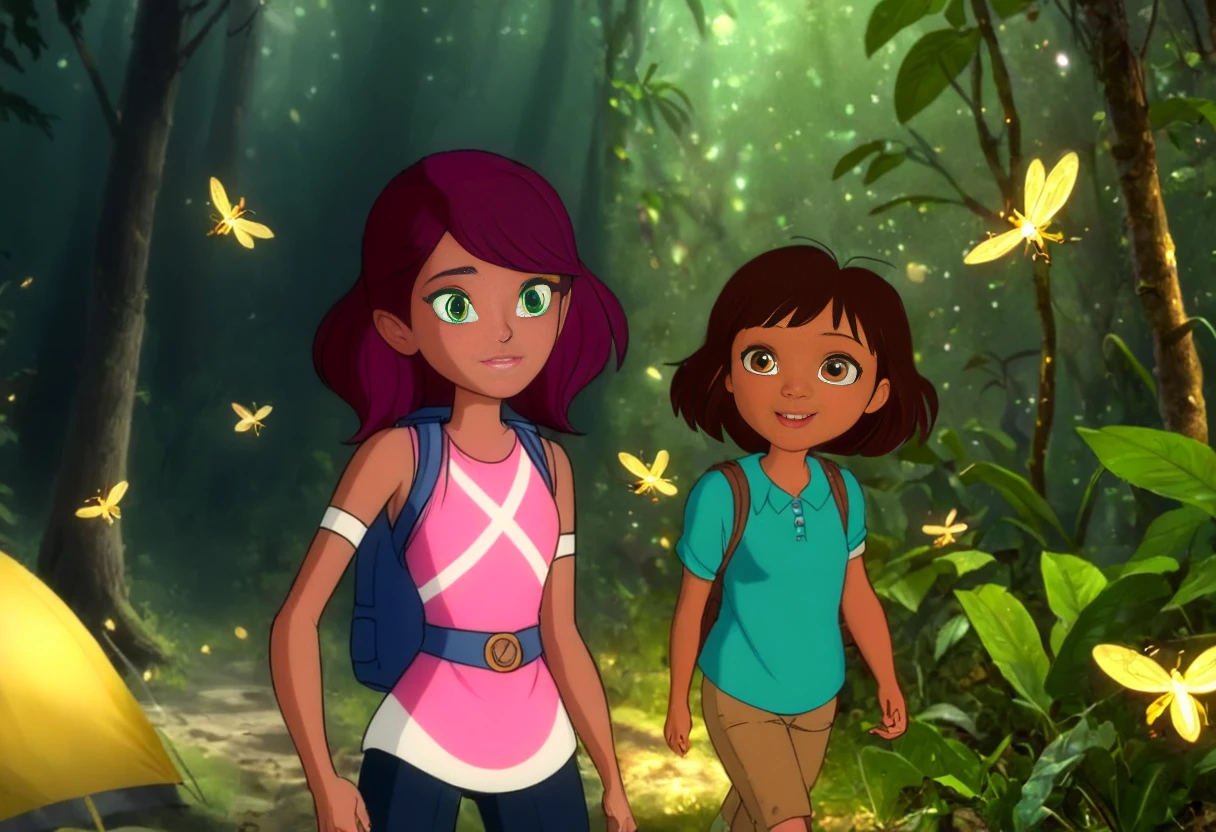 (best quality, masterpiece, absurdres, highres, ultra_detailed, dynamic angle:1.2), 2girls, jungle, fireflies, parody, cartoon, cartoon style, (intricate details, hyperdetailed:1.15), (ultrahigh resolution textures), bokeh, (volumetric, cinematic) lighting
AND piper \(mysticons\) casual outfit <lora:mysticons_piper_casual_xl:1>, 1girl, light pink top, dark red hair, green eyes, camping backpack, walking, smiling, looking to the right
AND dora the explorer, pink shirt, backpack, smiling, walking, looking to the right