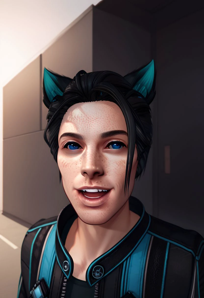 Maverick Ellis Rowe, 1boy, male focus, solo, short hair, blue eyes, black hair, animal ears, parted lips, :P , smile, upper teeth only, cat ears, lips, animal ear fluff, freckles,  PonyXLV6_Scores zPDXL