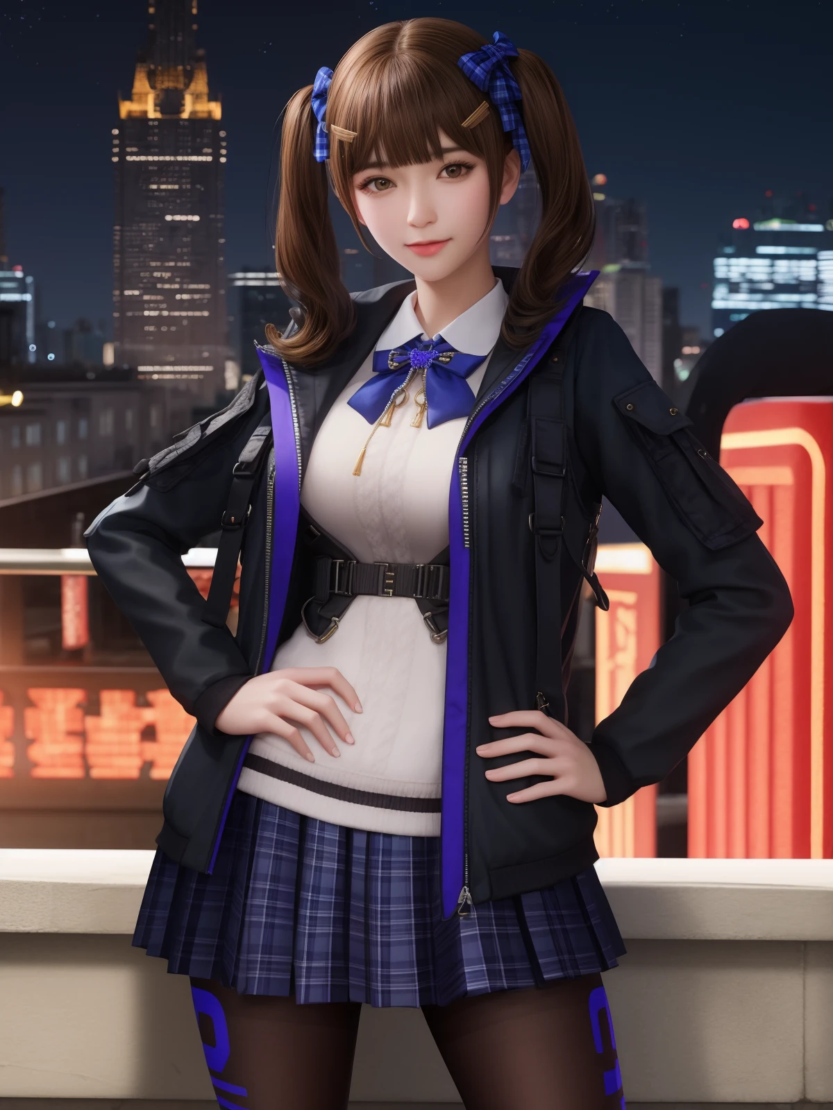 CFguanxiaoyuBWZ, 1girl, solo, pantyhose, brown hair, twintails,brown eyes, looking at viewer, bangs, plaid skirt,open jacket, pleated skirt, breasts, long hair, lips, bow, open clothes, ribbon, hairclip, hair bow,long sleeves,  <lora:CFå³å°ç¾½ä¿å«20240423-4005:0.75>,cityscape, night, hand on hip, short hair,