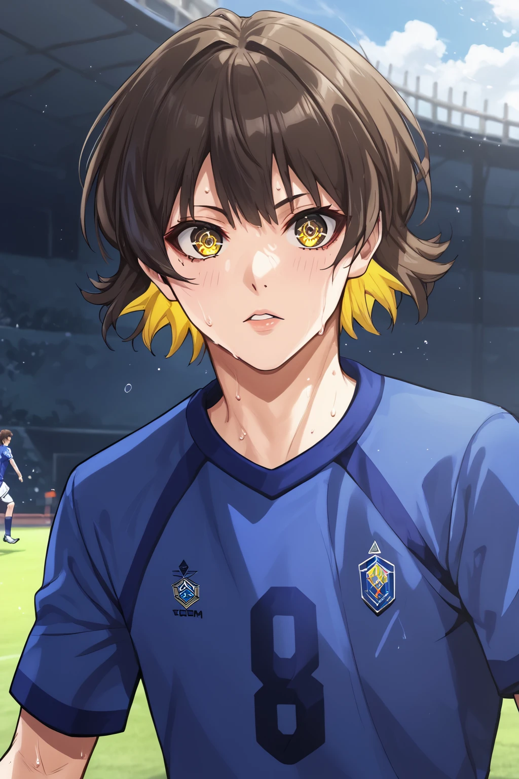 score_9, score_8_up, score_7_up, source_anime, BREAK, 1boy, bishounen, pale skin, (looking at the viewer:1.2), (three quarter view:1.4), BREAK, two-tone hair, brown hair, blonde hair, yellow eyes, (detailed eyes:1.2), (skinny, toned:1.2), soccer uniform, sweat, detailed eyelashes, broad shouldered, BREAK, outdoors, soccer field, day, running, boy, meguru_bachira<lora:EMS-342536-EMS:1.000000>, <lora:EMS-18850-EMS:0.800000>, <lora:EMS-359523-EMS:0.800000>