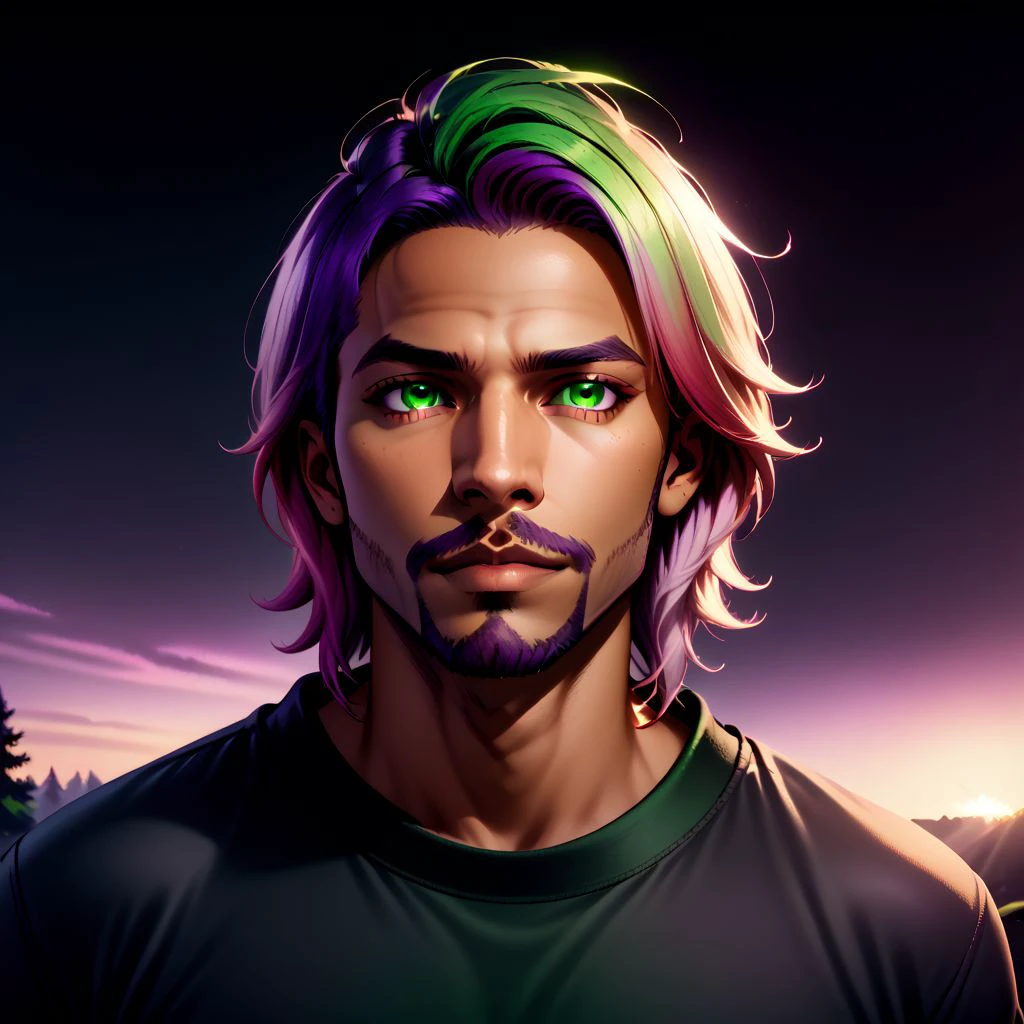 Cameron X'voor, 1boy, male focus, tan, dark skinned male, gradient hair, multicolored hair, green hair, maroon hair, purple hair, green eyes, facial hair, beard, thick ink linework, ethereal, gossamer, fantasycore, cinematic lighting, indoors, cinematic, 4k, 8k, highly detailed, trending on artstation, outdoors, forest scene,PonyXLV6_Scores zPDXL