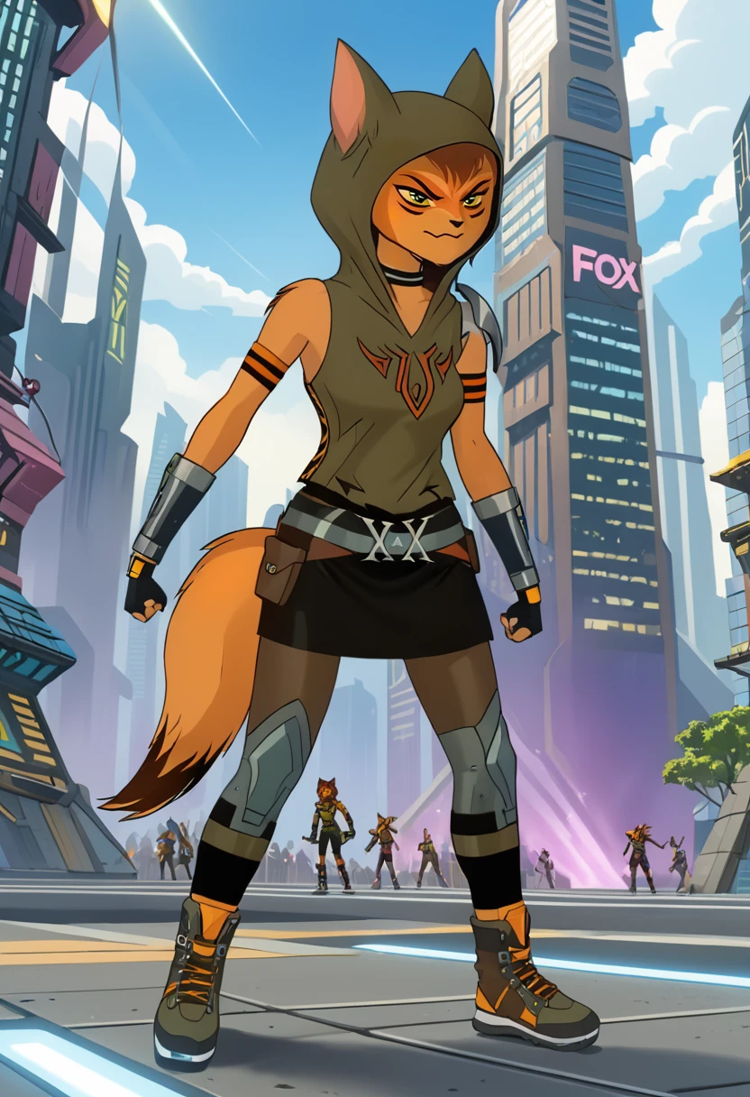 (best quality, masterpiece, absurdres, highres, ultra_detailed, dynamic angle:1.2), kasha \(mysticons\), <lora:mysticons_kasha_xl:1>, 1girl, furry female, sleeveless kaki sweater with hood up, colored skin, orange skin, colored sclera, animal ears, fox tail, belt, asymmetrical steel shoulder pad, steel armbands, steel bracers with orange patterns, black fingerless gloves, choker, black short skirt, brown and kaki tight pants with knee pads, shoes with glowing roller blades, combat pose, angry, solo, futuristic city, cartoon, cartoon style, (intricate details, hyperdetailed:1.15), (ultrahigh resolution textures), bokeh, (volumetric, cinematic) lighting