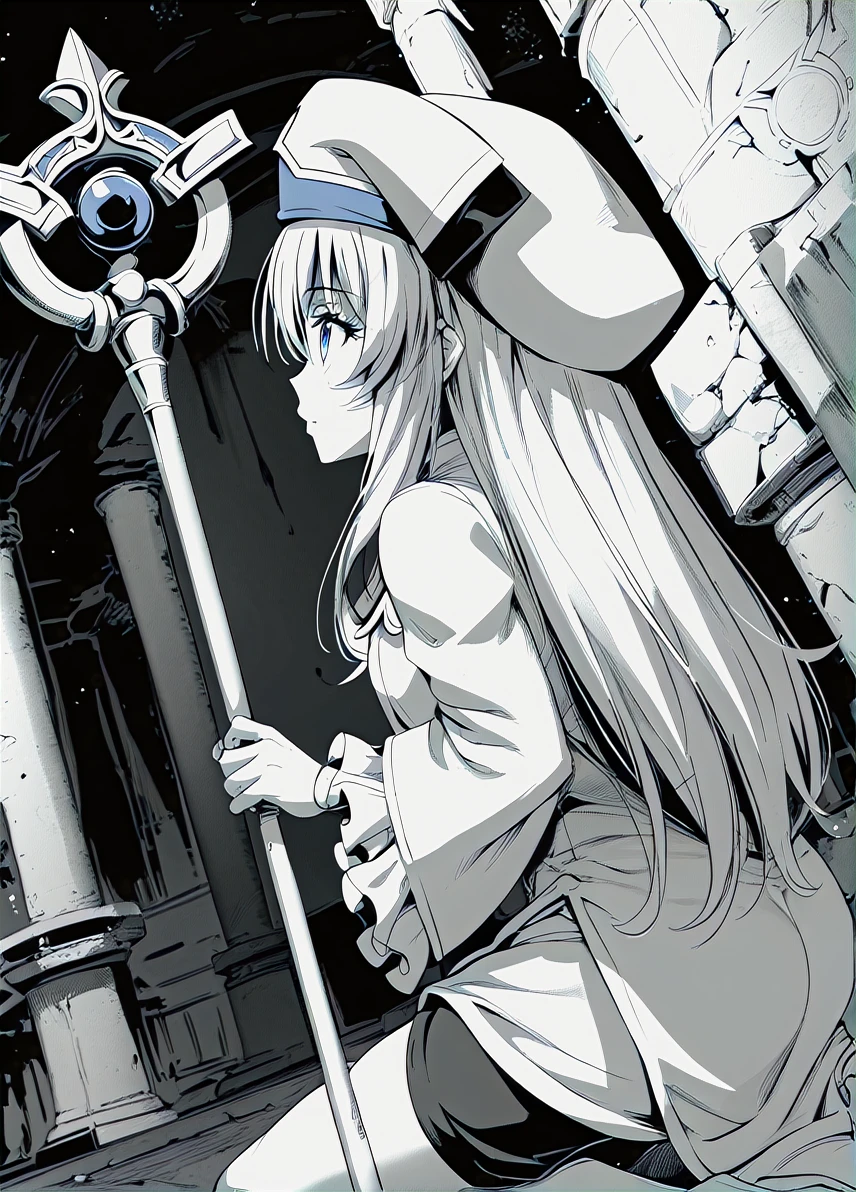 score_9, score_8_up, score_7_up, score_6_up, a girl outdoors, ruins, temple, looking away, (monochrome, greyscale:1.1), dutch angle, from side, holding staff,
<lora:noise_style_pony6_v1-000016:1> <lora:priestess_goblin slayer_PONY_epoch-000020:0.6> priestess-default,, priestess \(goblin slayer!\),blue eyes,long hair,,white headwear,white dress,frilled sleeves, blue pelvic curtain,(black shorts:0.9),thighhighs,white boots, priestess-shirt,